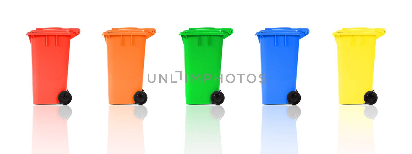 set of recycling bins with reflections