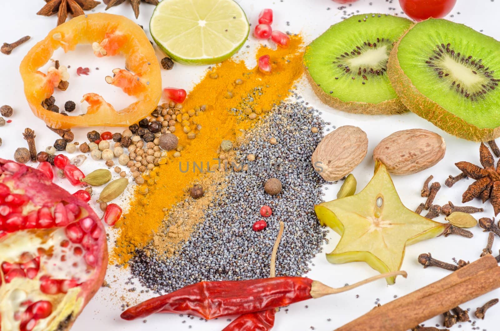 Colorful spices on a white background - beautiful kitchen image.