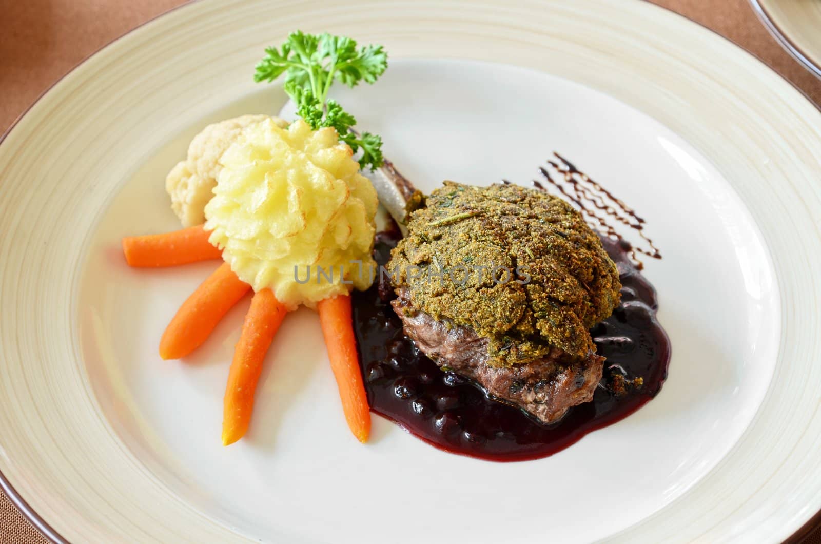 venison with whortleberry sause, herb and vegetales