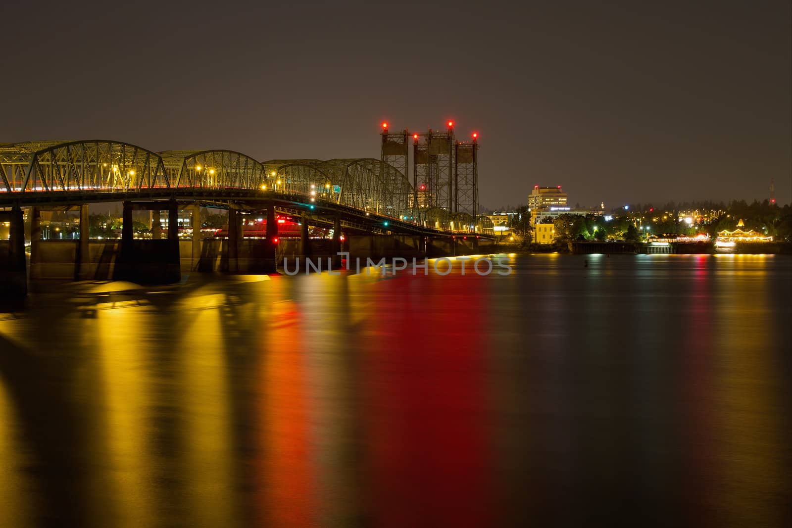 Light Trails on Columbia River Crossing I-5 Interstate Bridge at Night