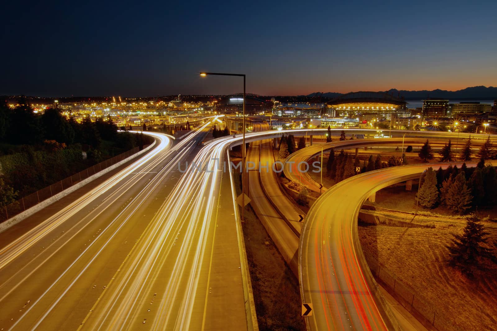 Seattle Washington Downtown City Highway Traffic Light Trails