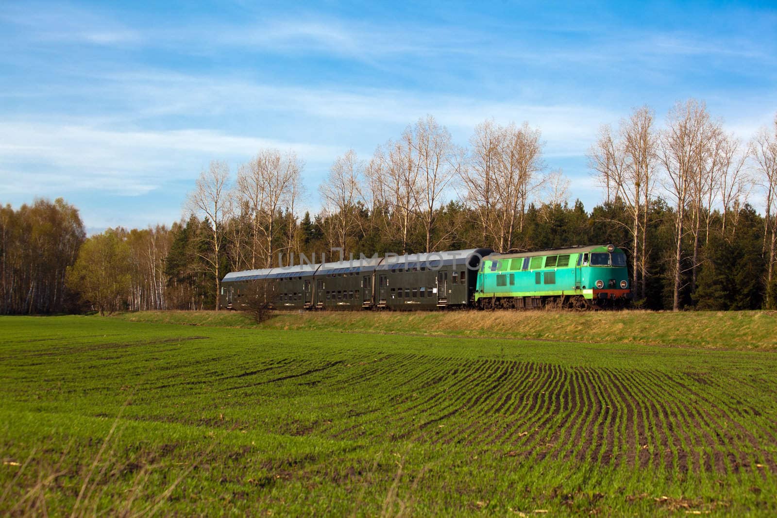 Passenger train hauled by the diesel locomotive passing the sunny landscape
