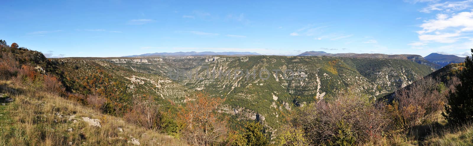 panorama of Cevennes Mountains with a blue sky