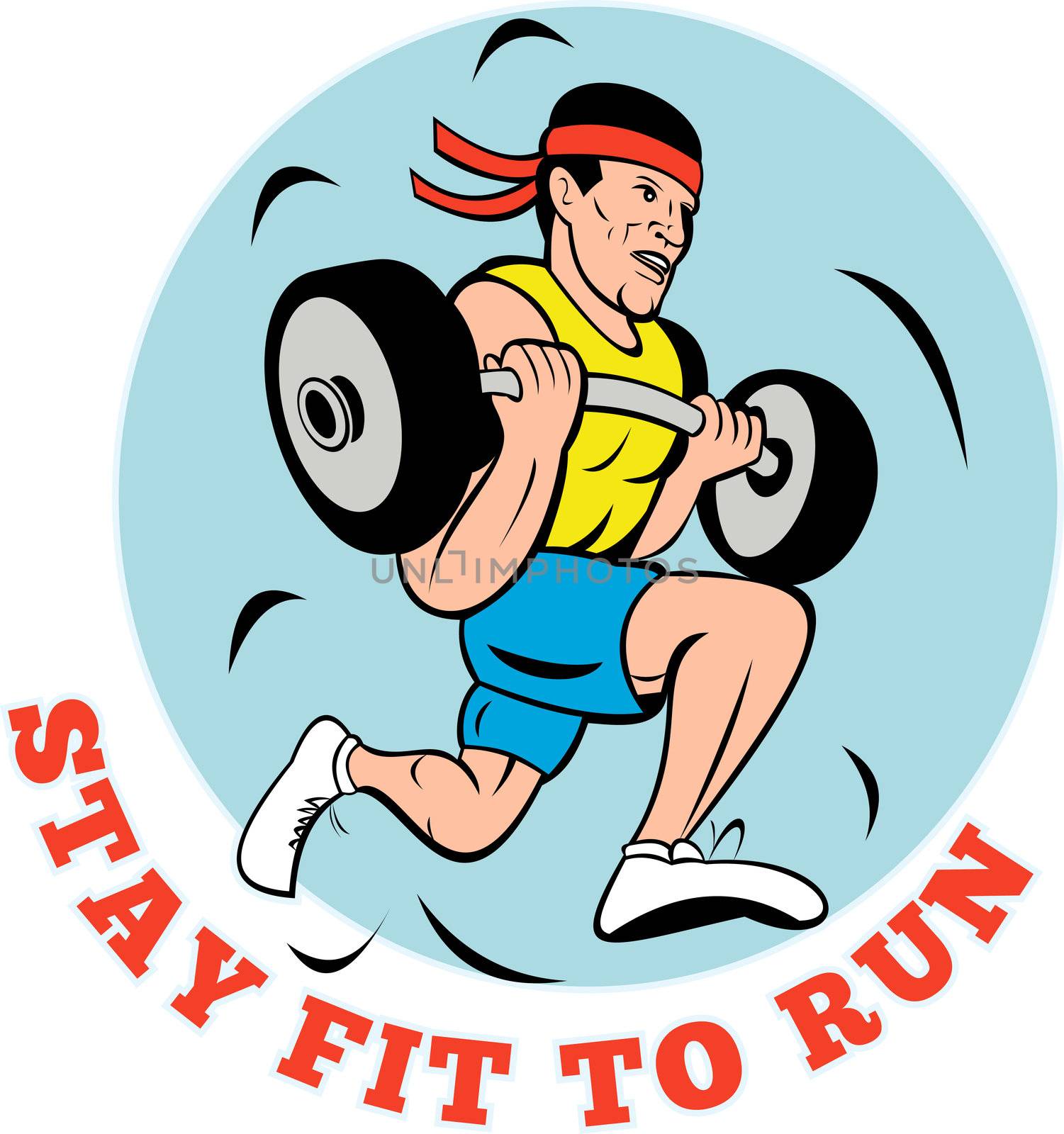 cartoon illustration of a Man running jogging lifting weights with text "stay fit to run"