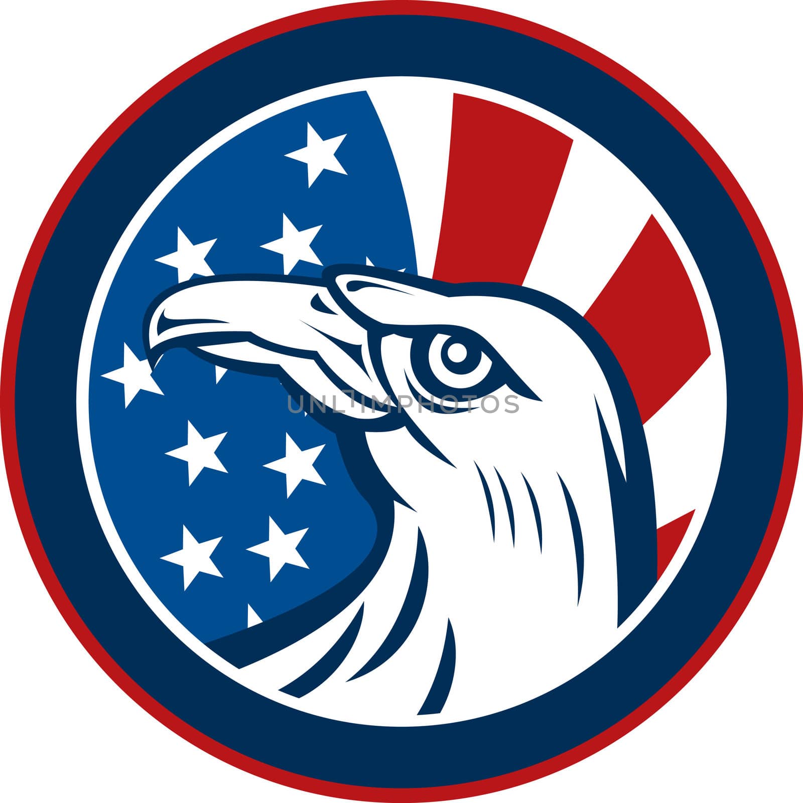 graphic illustration of an American eagle with stars and stripes flag set inside a circle on white background