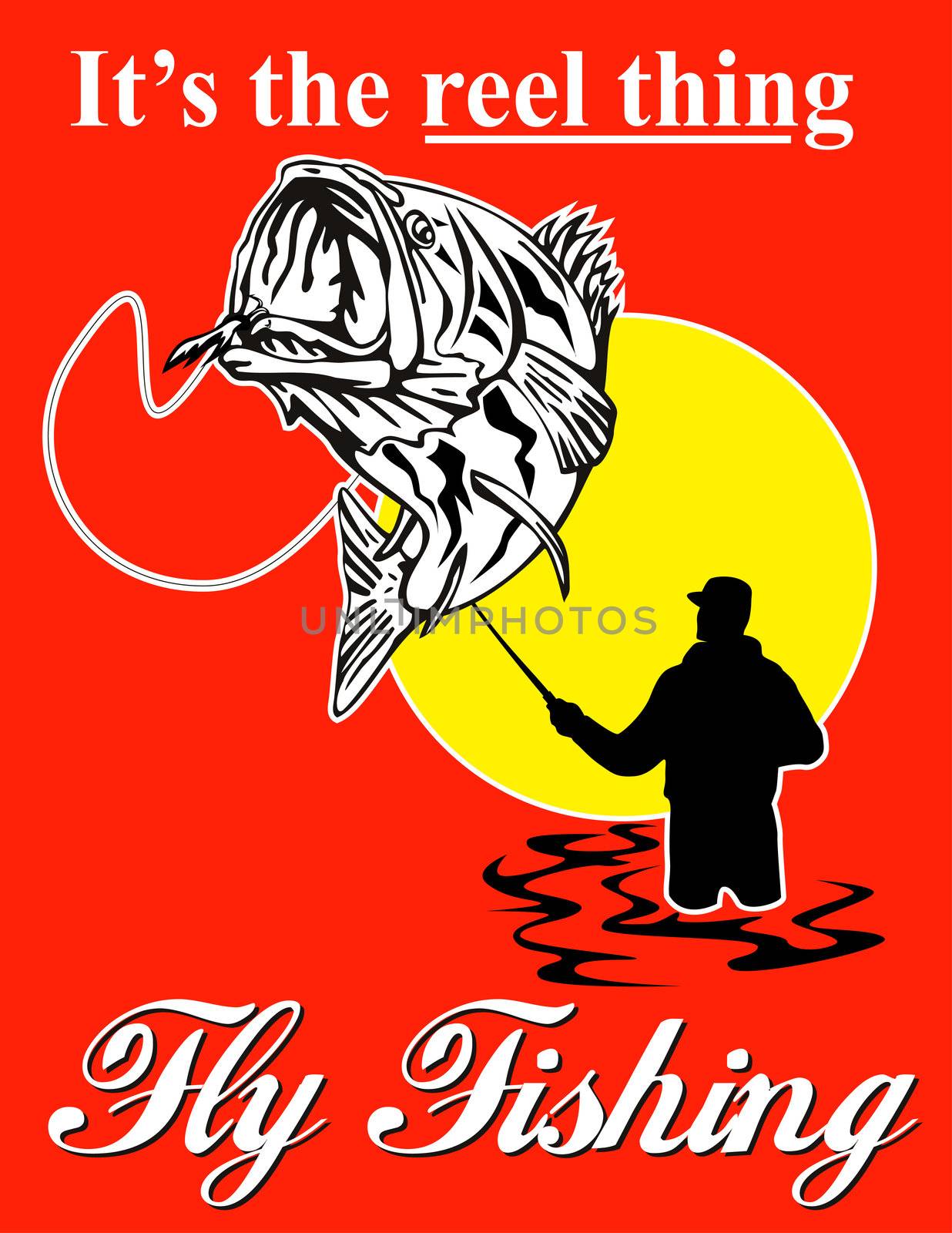 graphic design illustration of ly fisherman catching largemouth bass with fly reel with text wording   "it's the reel thing" and 
"fly fishing"set inside a red rectangle done in retro style