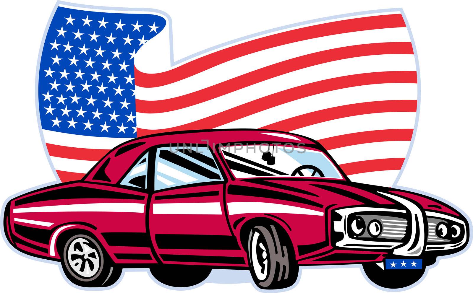 American muscle car with flag by patrimonio