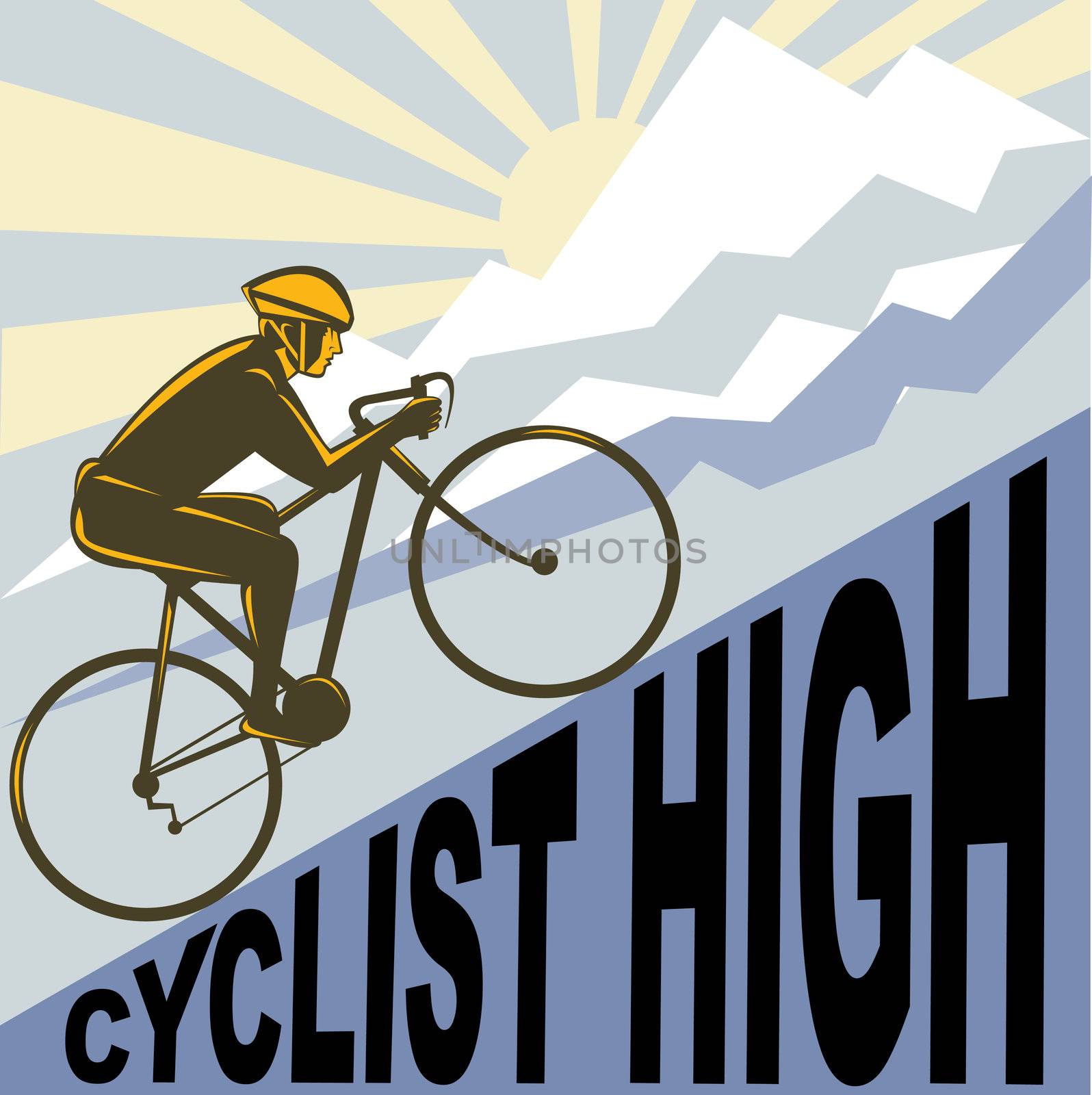 graphic design illustration of a Cyclist racing bike up steep mountain and clouds sunburst done in retro WPA style.