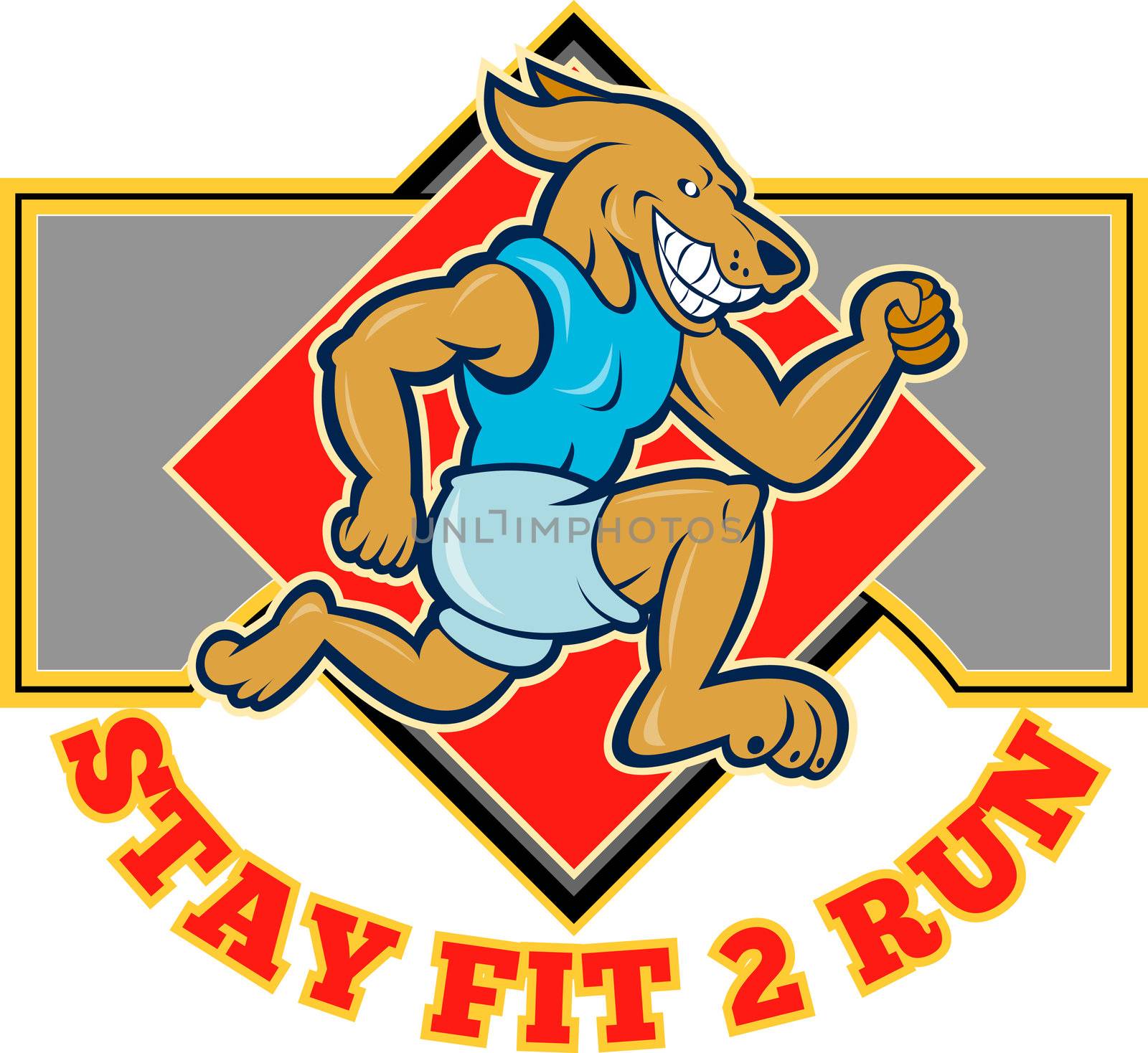 cartoon illustration of a Dog running jogging with shield in background with wording "stay fit to run"