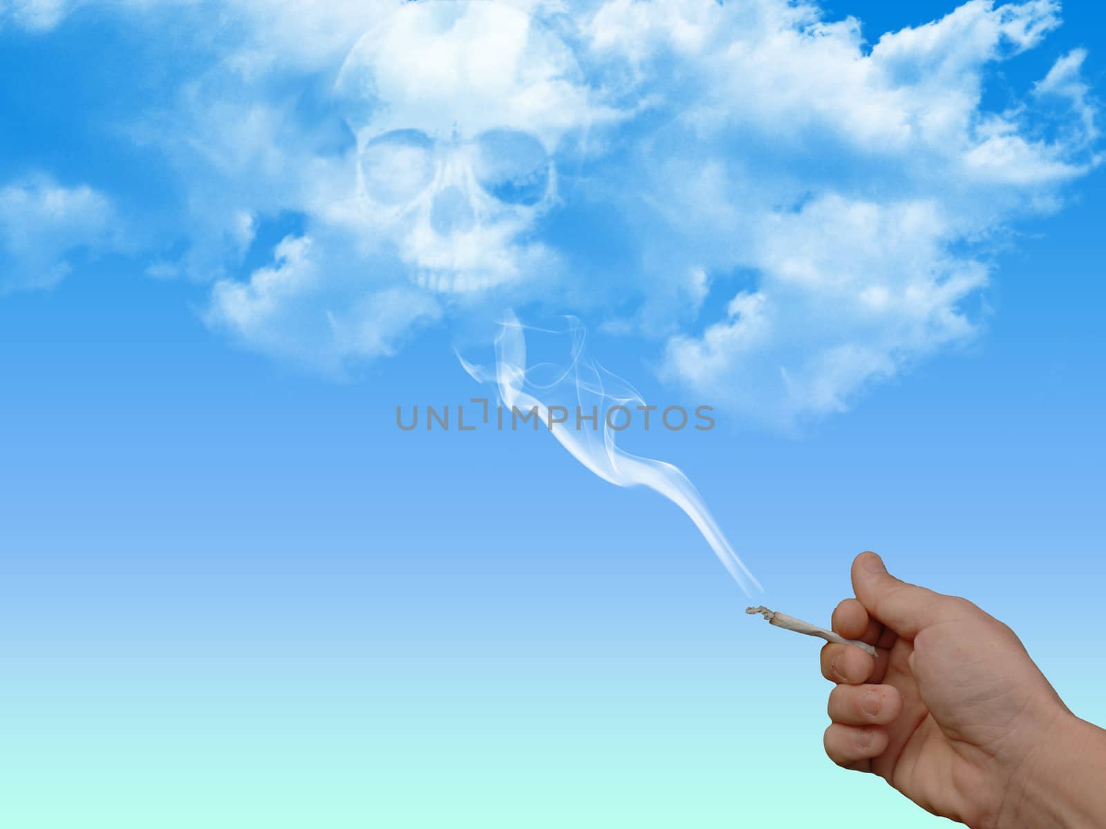 Smokers Hand with Skull in Clouds