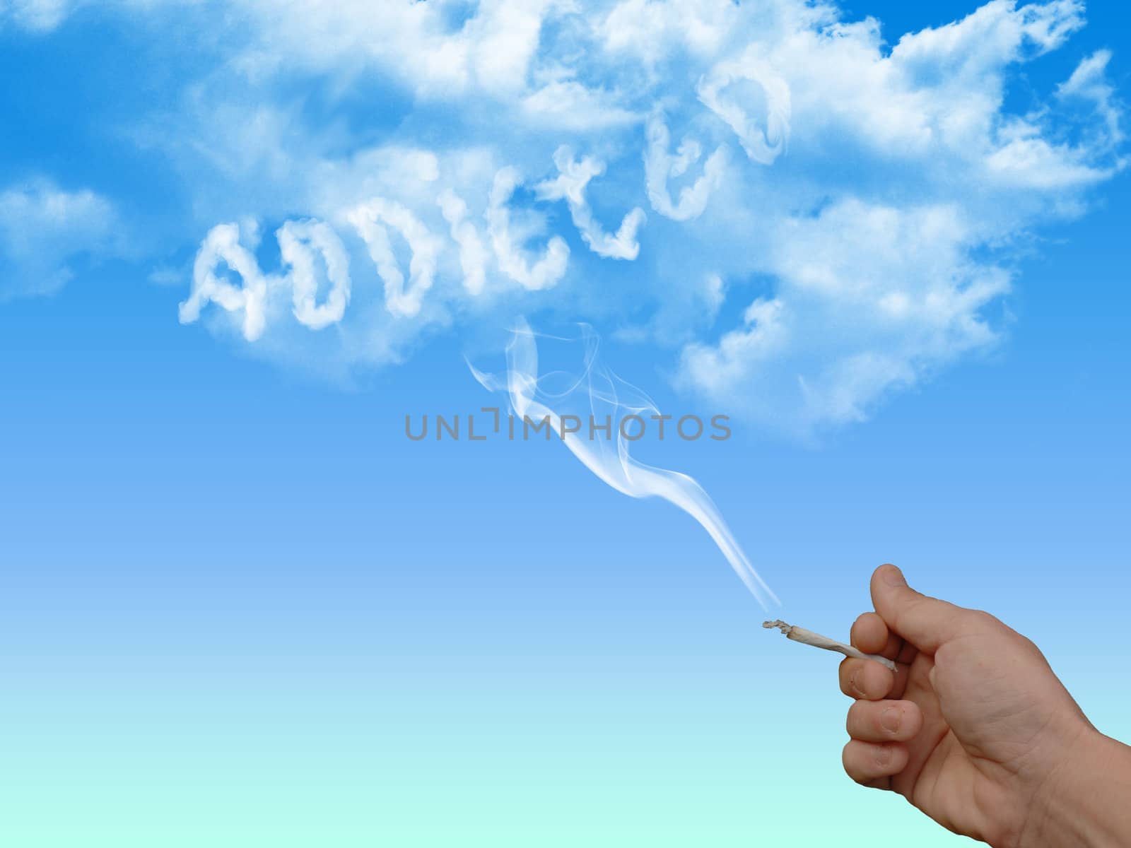 Smokers hand holding cigarette with Addicted Written in Clouds