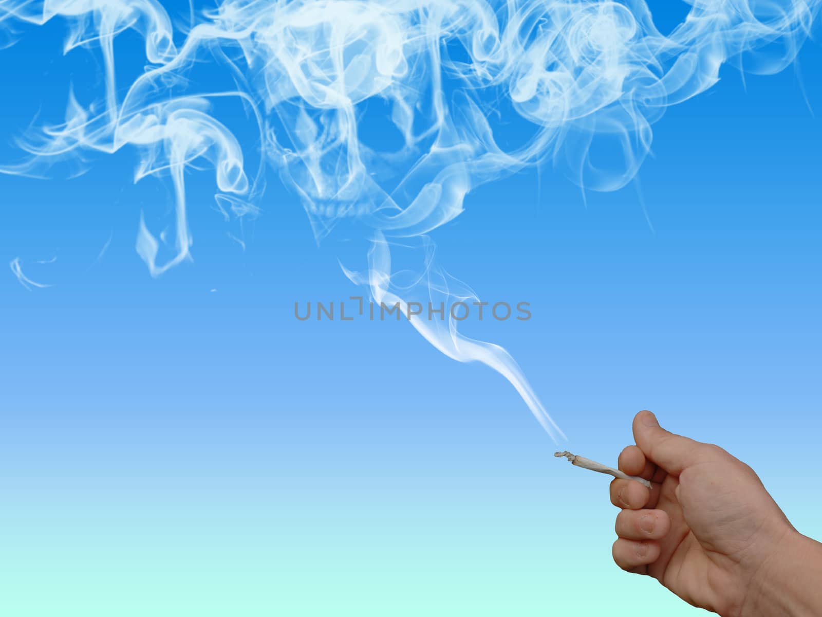 Smokers hand with Cigarette and skull in smoke