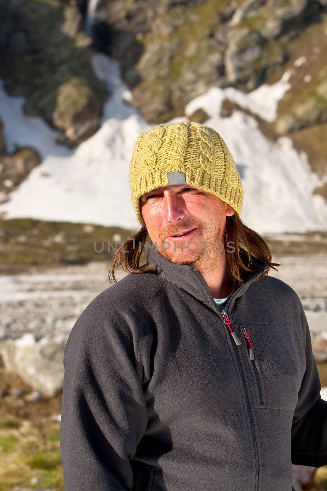 Portrait of fririder in Caucasus mountains in summer