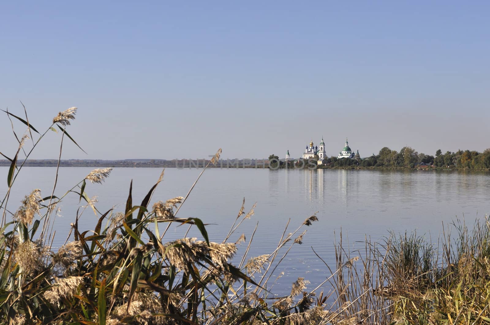 View of ancient russian town Rostov from Nero lake