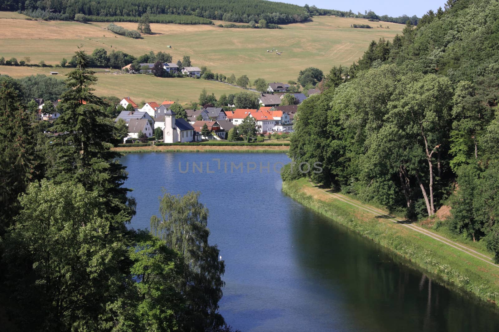 Helminghausen seen from the dam at lake diemelsee, hessen, germany