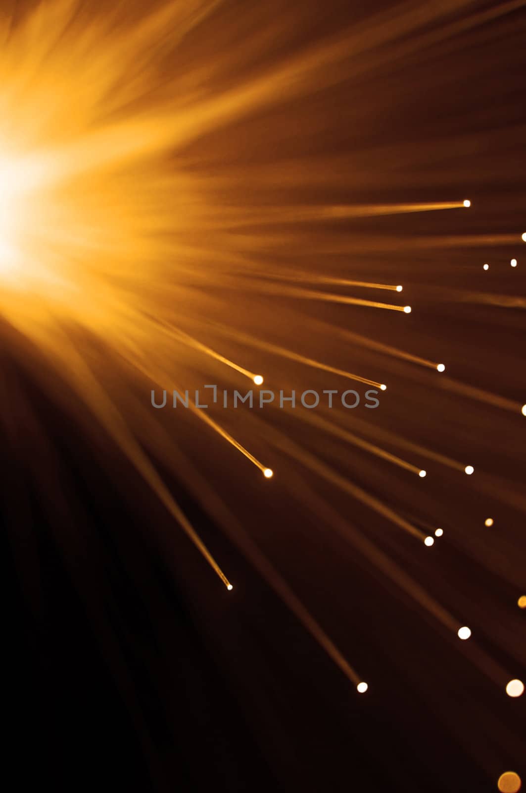 Abstract style close up capturing the ends of golden fibre optic light strands against dark background.