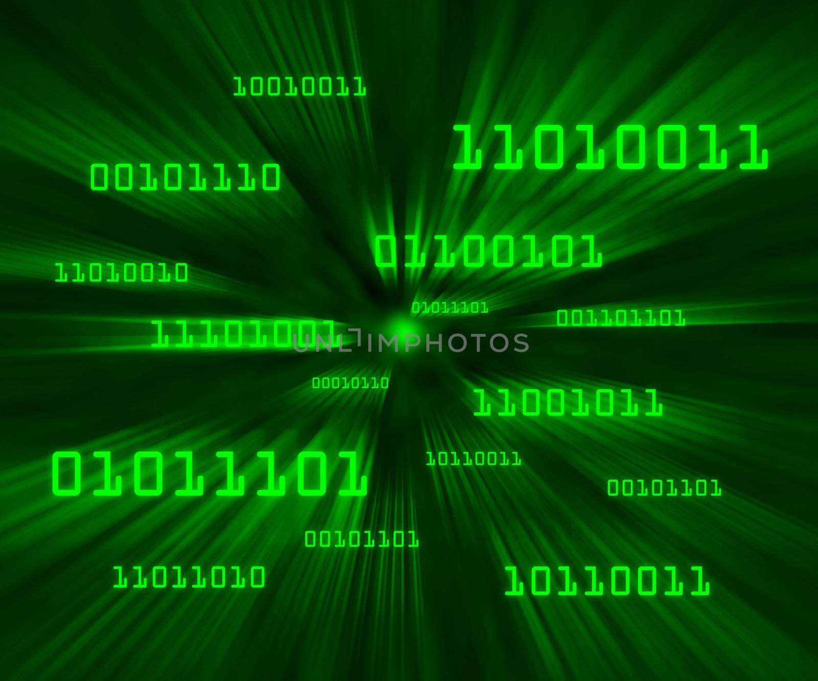 Green bytes of binary code flying through a vortex Horizontal