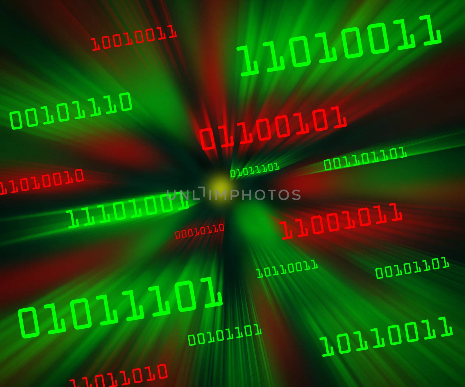 Tilted red and green bytes of binary code flying through a vortex. Horizontal