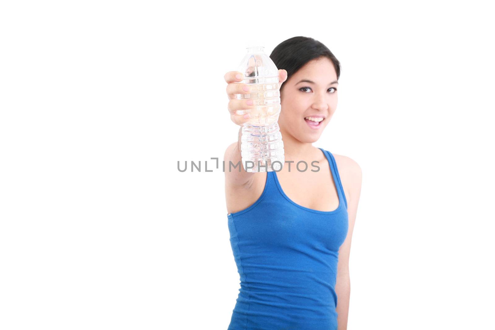 smiling young woman with water, isolated over white background