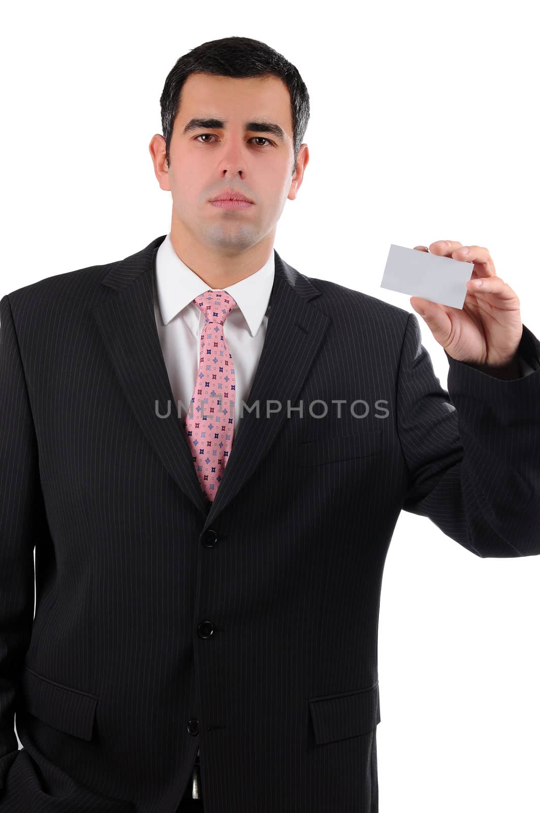 Businessman smiling holding a business card by gravityimaging1