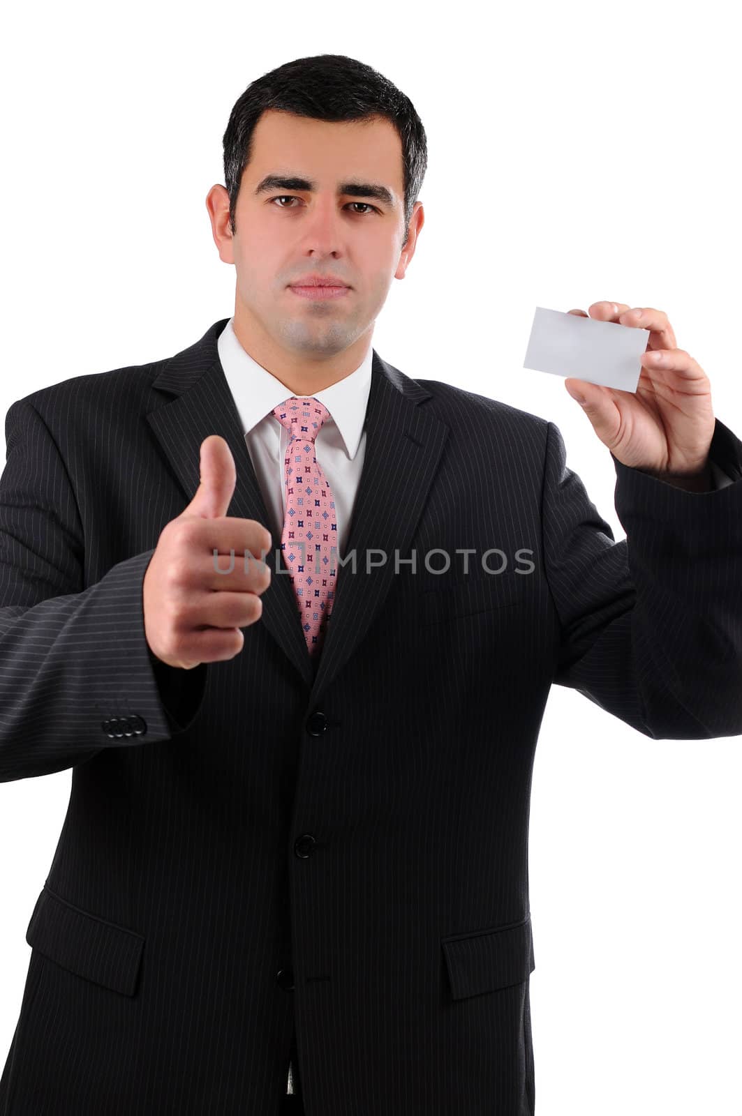 Businessman handing a business card with thumb up