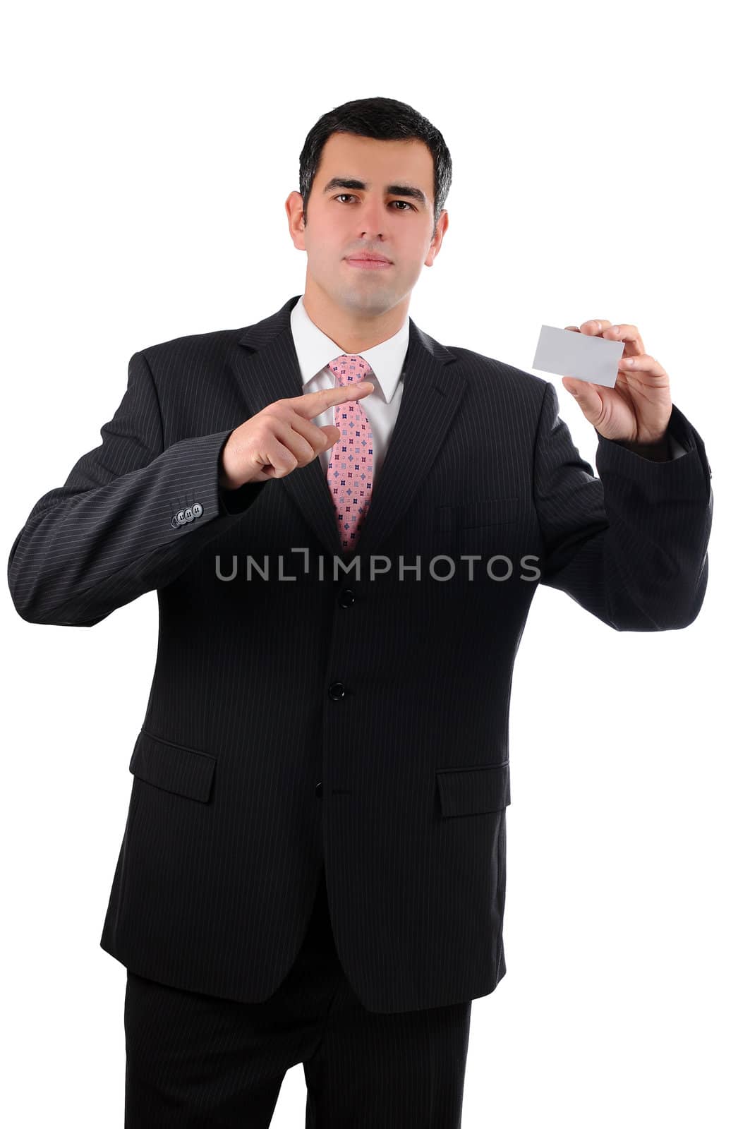 Businessman pointing on a business card