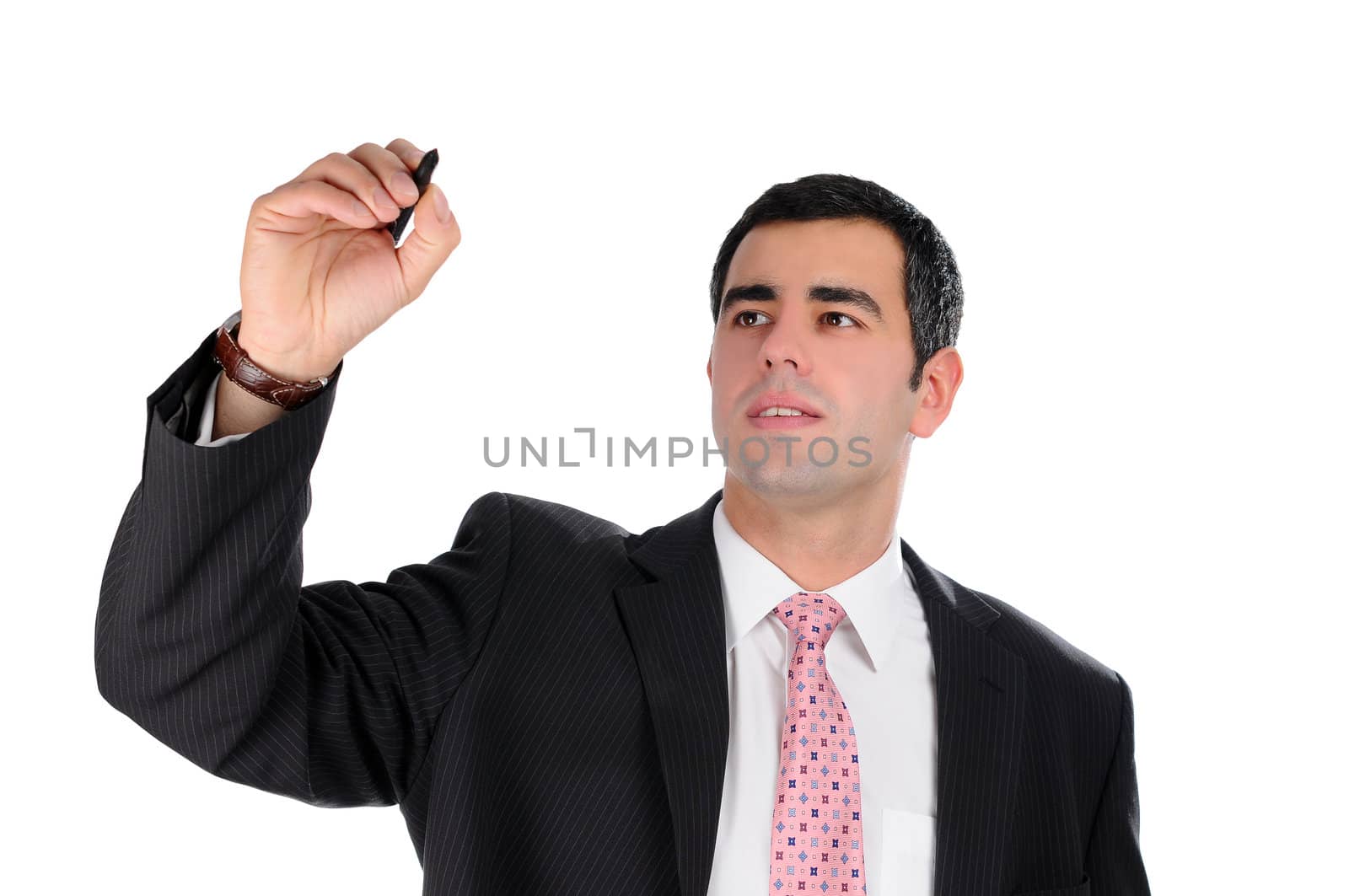 A close up of a businessman writing on a glass surface isolated on white