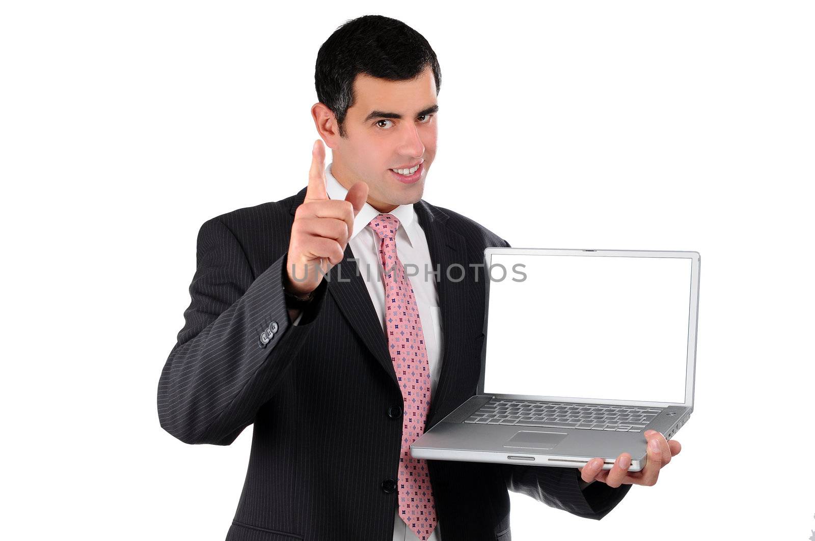 Close up of young businessman holding laptop