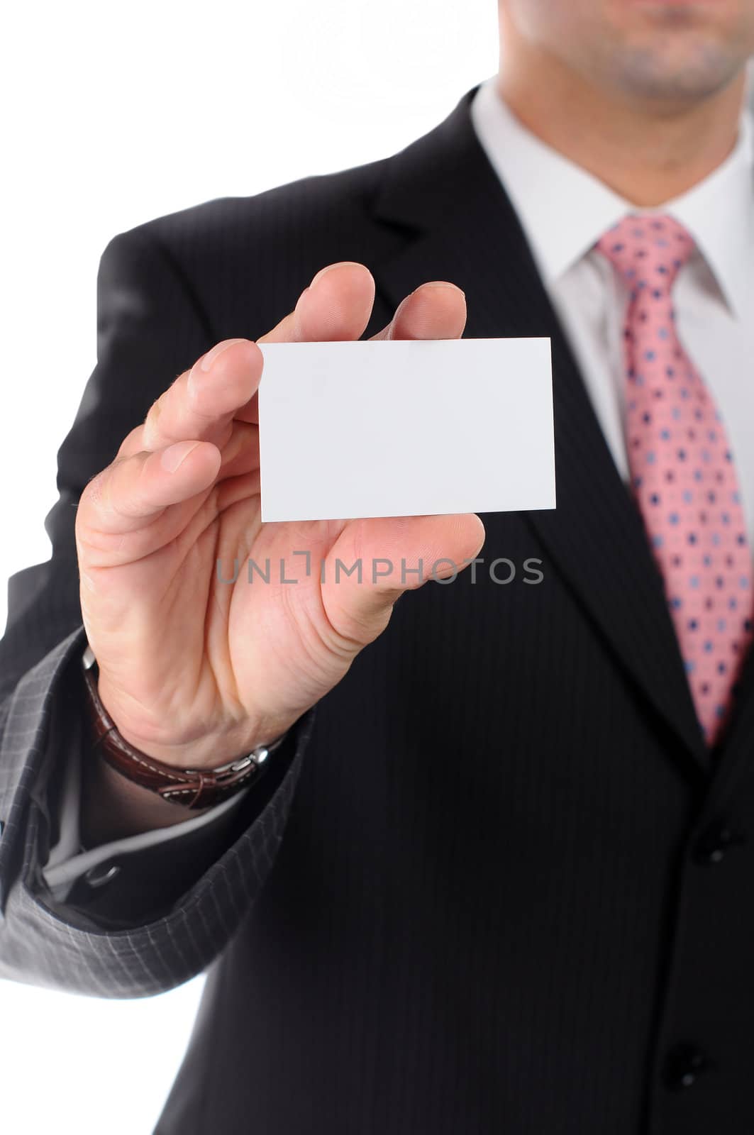 Portrait of a businessman handing a business card by gravityimaging1