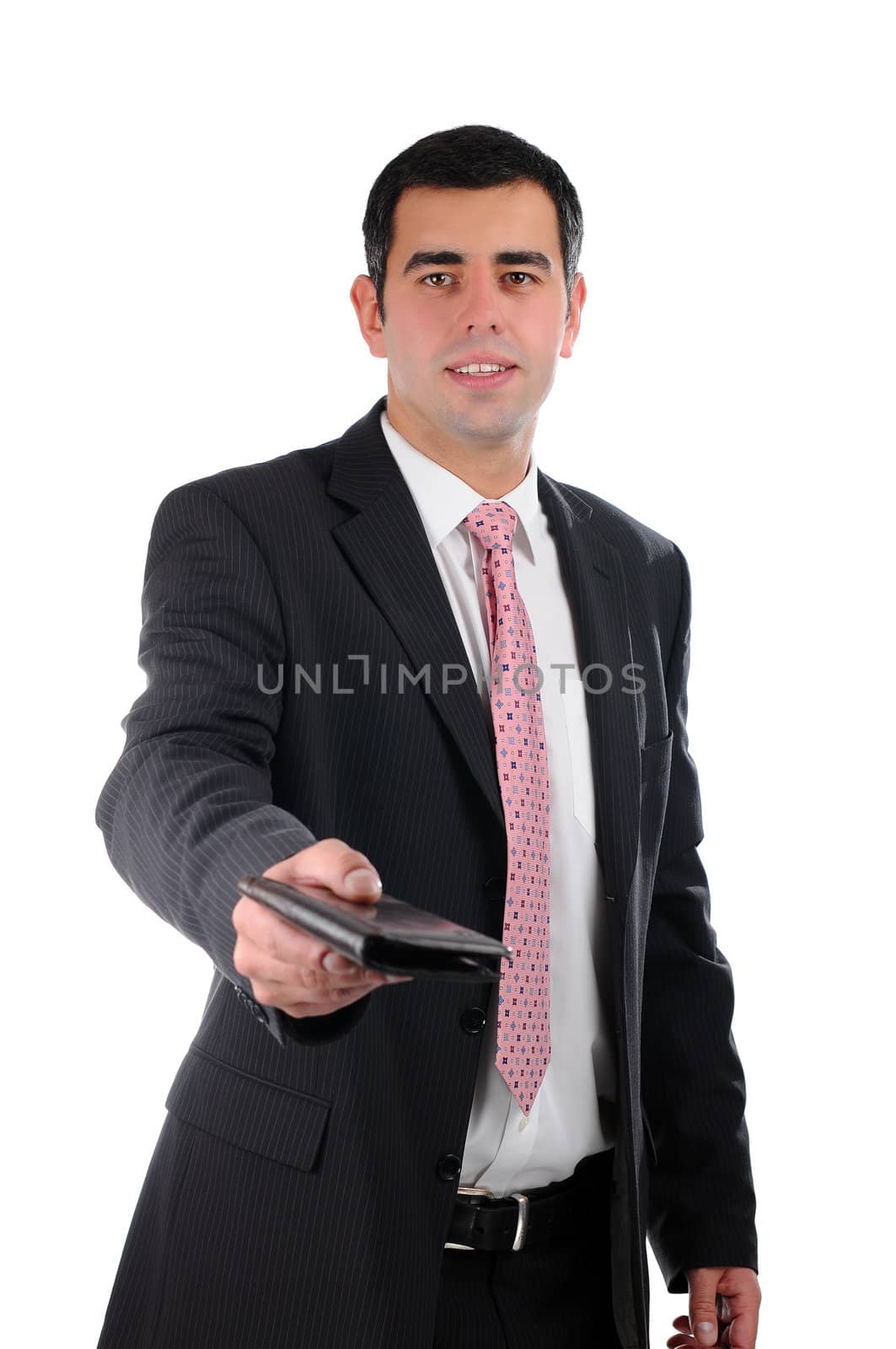 Portrait of a businessman handing a leather wallet