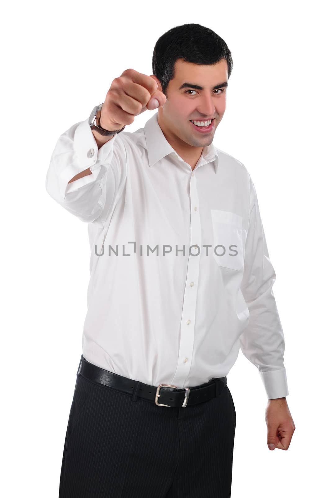 Portrait of a successful young businessman in a white shirt with pink tie isolated on white