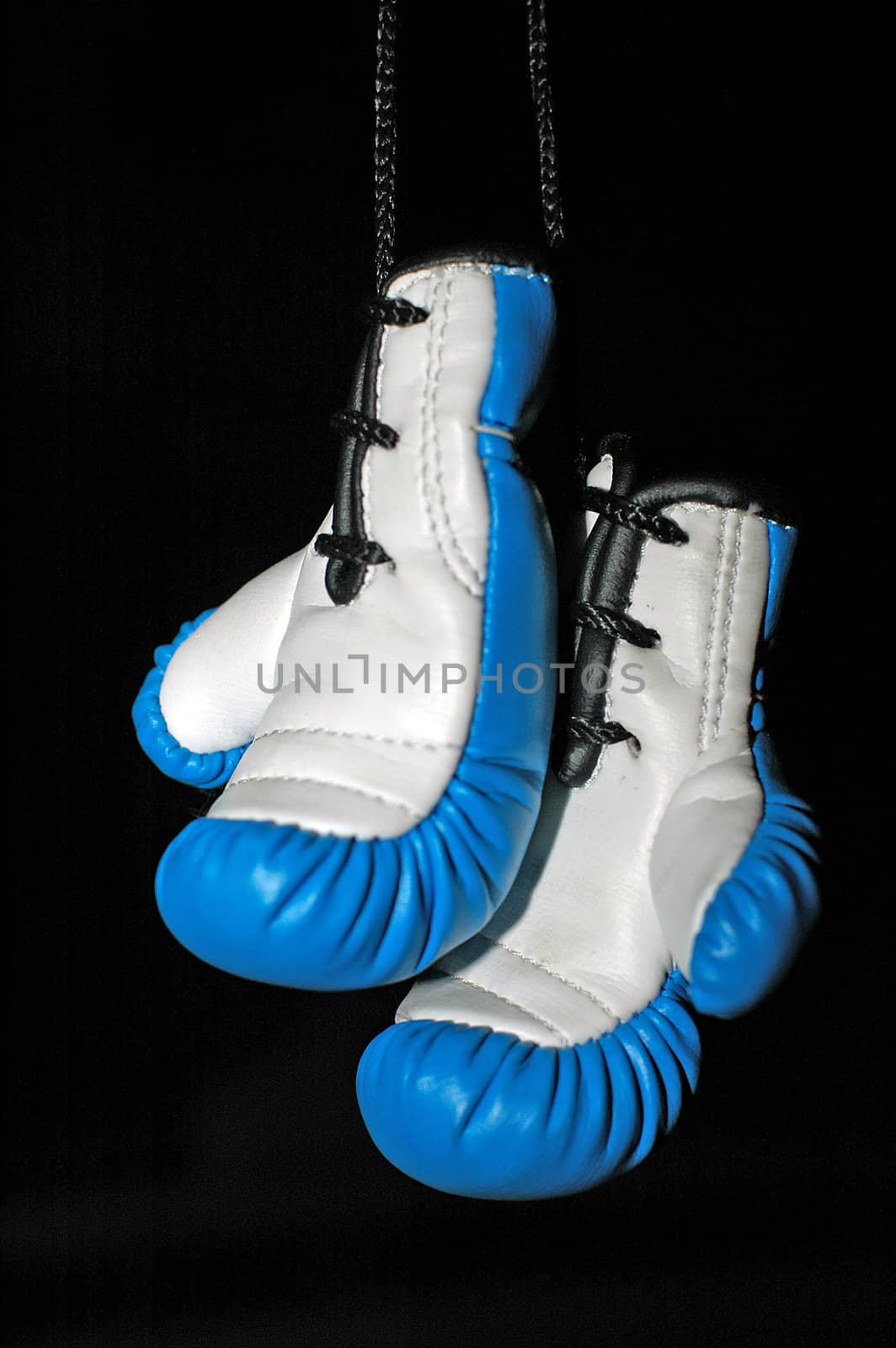 small blue/white boxing gloves on black background