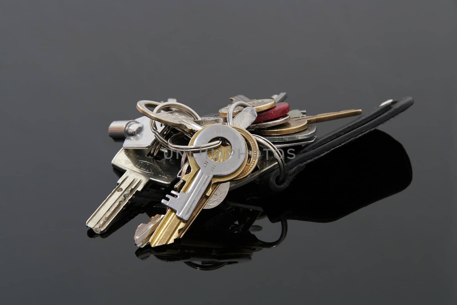 bunch of silver and golden keys on black reflective background