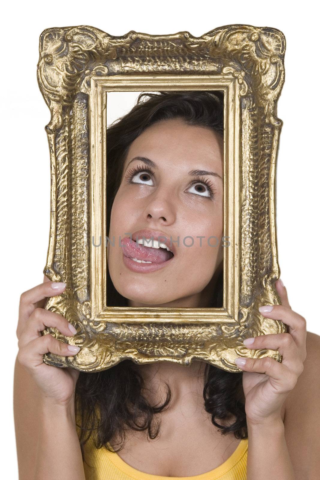 front view of beautiful girls and vintage frame