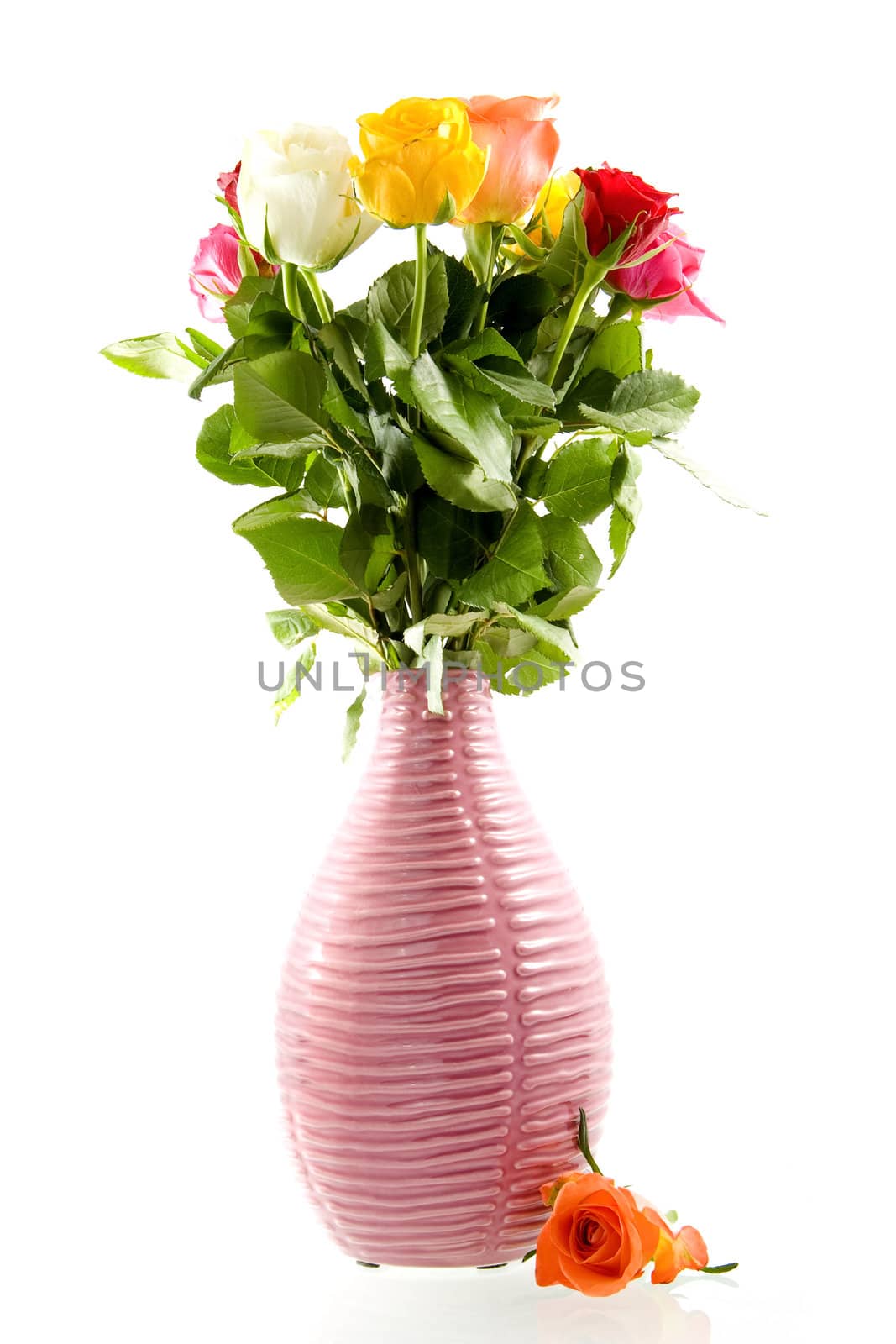 A pink vase with beautiful roses in all kind of colors