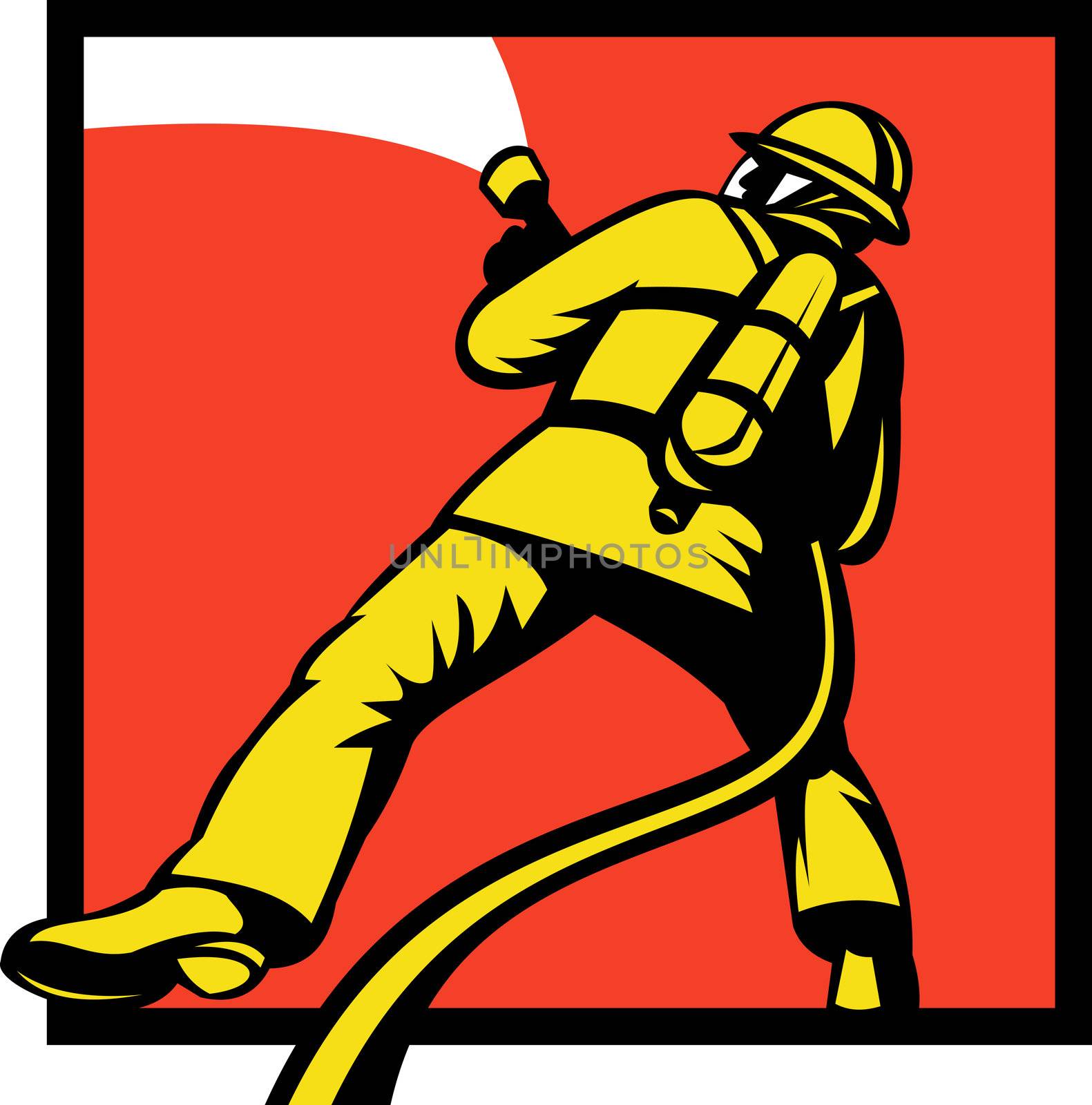  illustration of a Firefighter or fireman aiming a fire hose viewed from rear in retro style