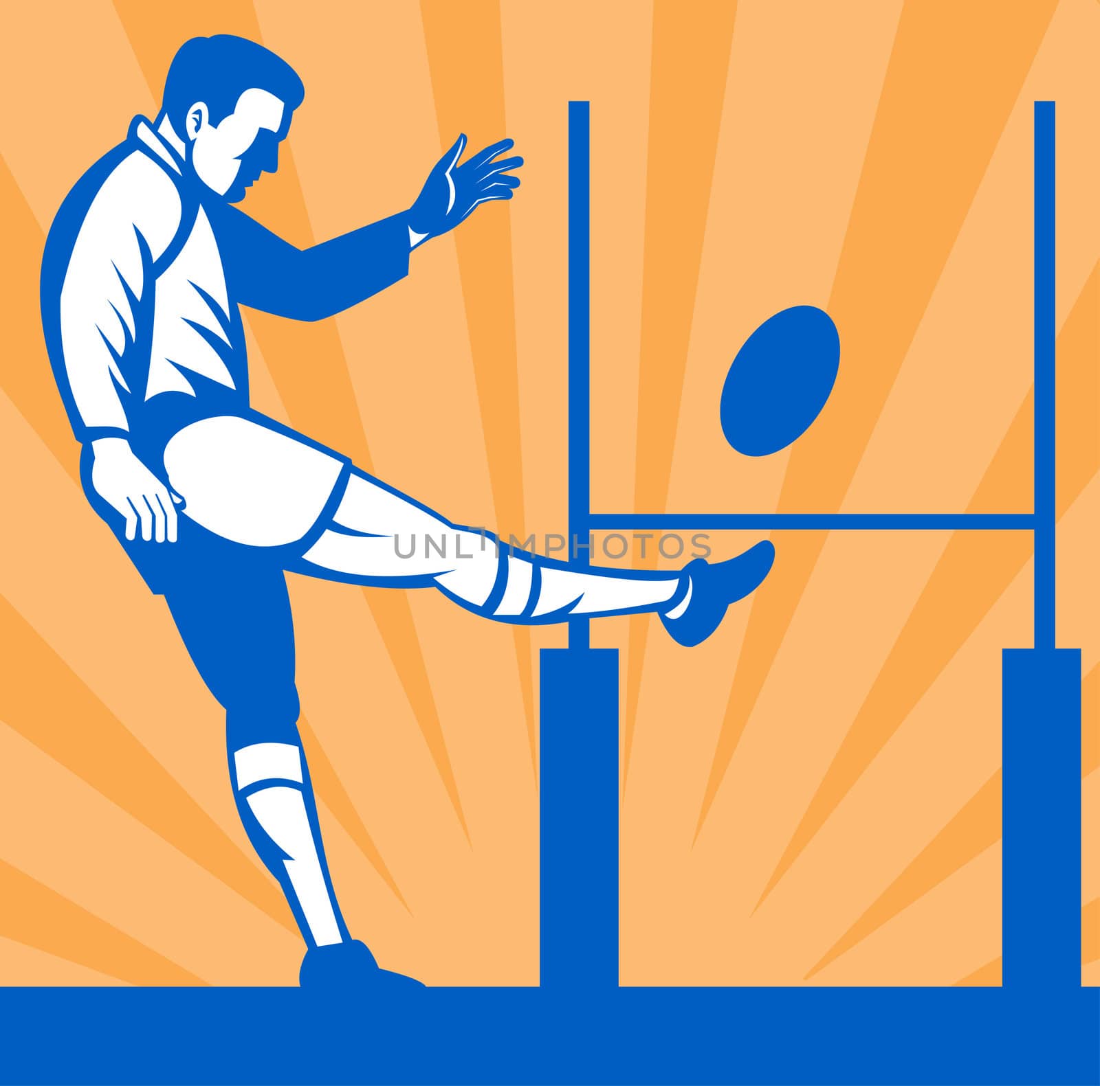 Rugby player kicking ball at goal post by patrimonio