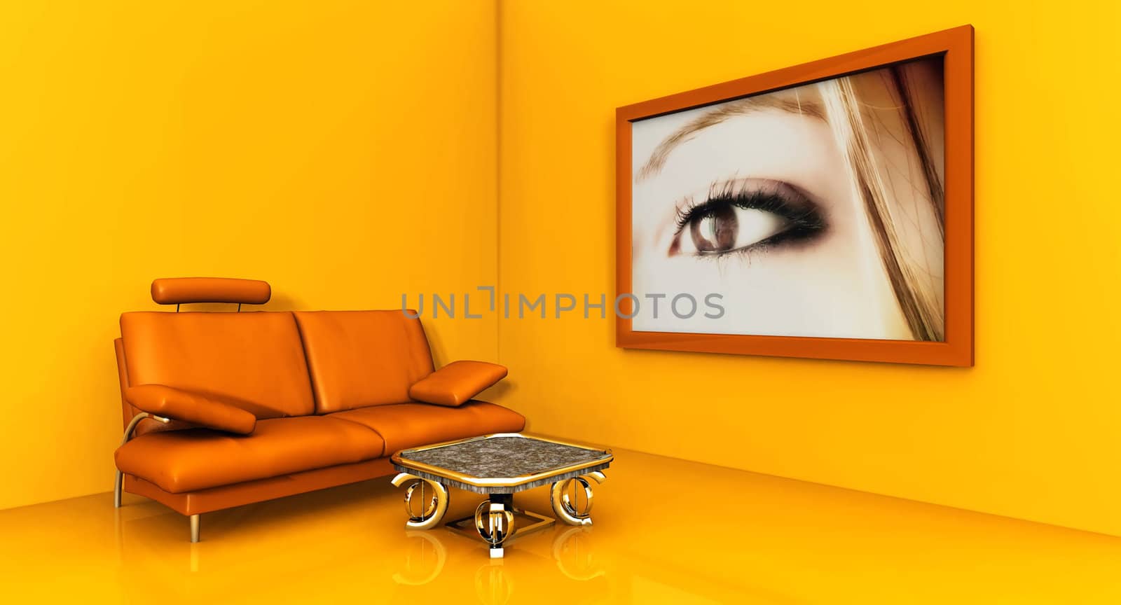 orange room with a sofa