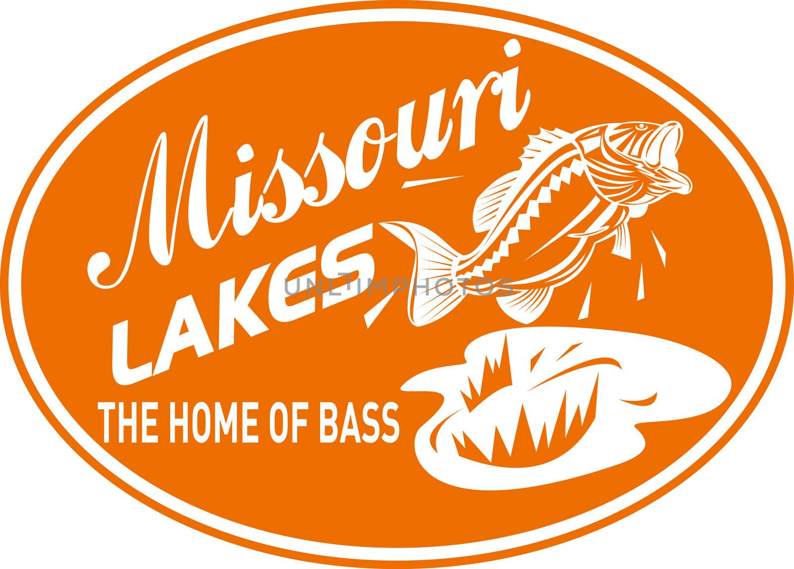 illustration of a largemouth bass jumping with words "missouri lakes home of bass"