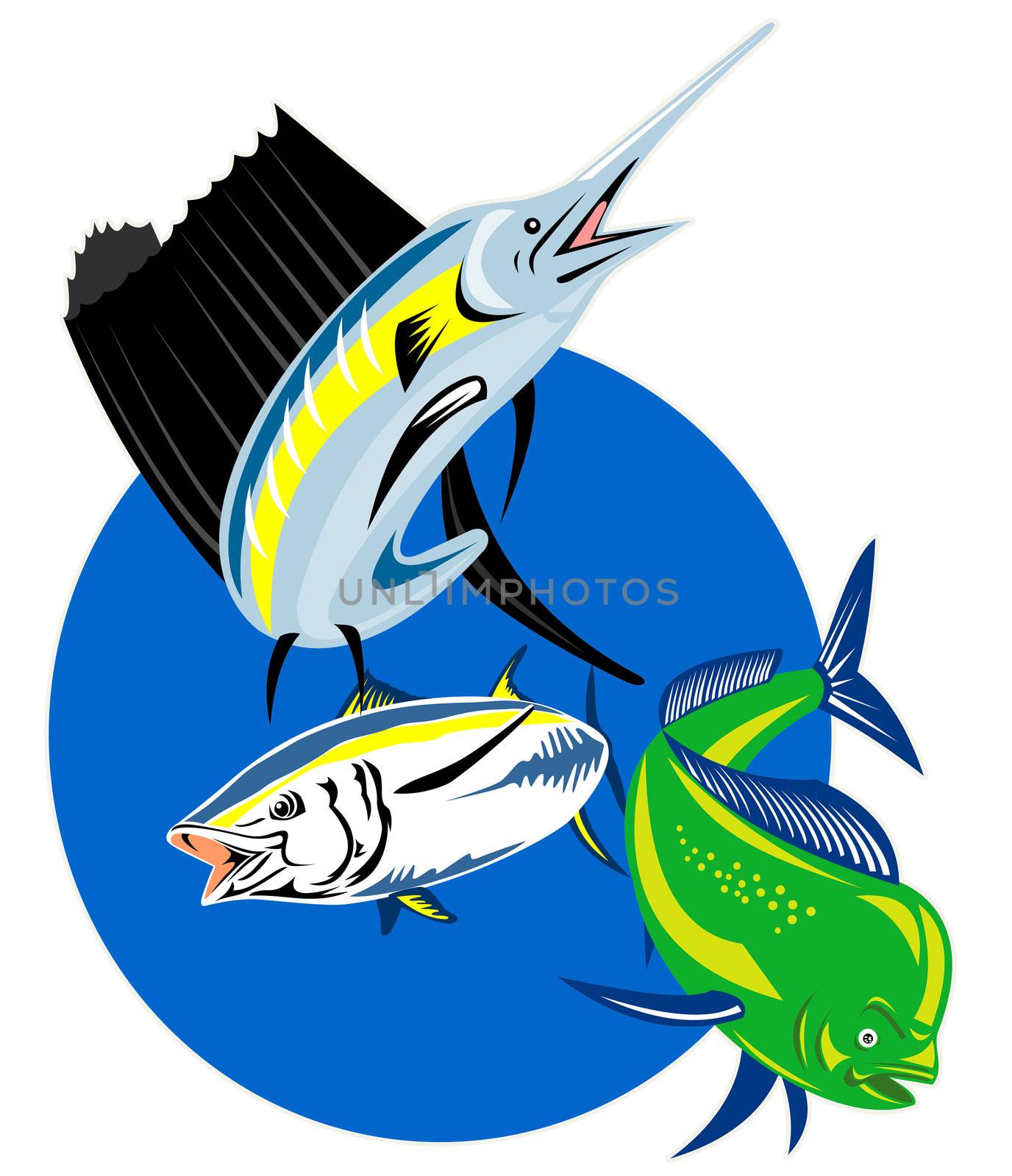 retro style illustration of a Sailfish, dorado dolphin fish or mahi-mahi and yellow fin tuna