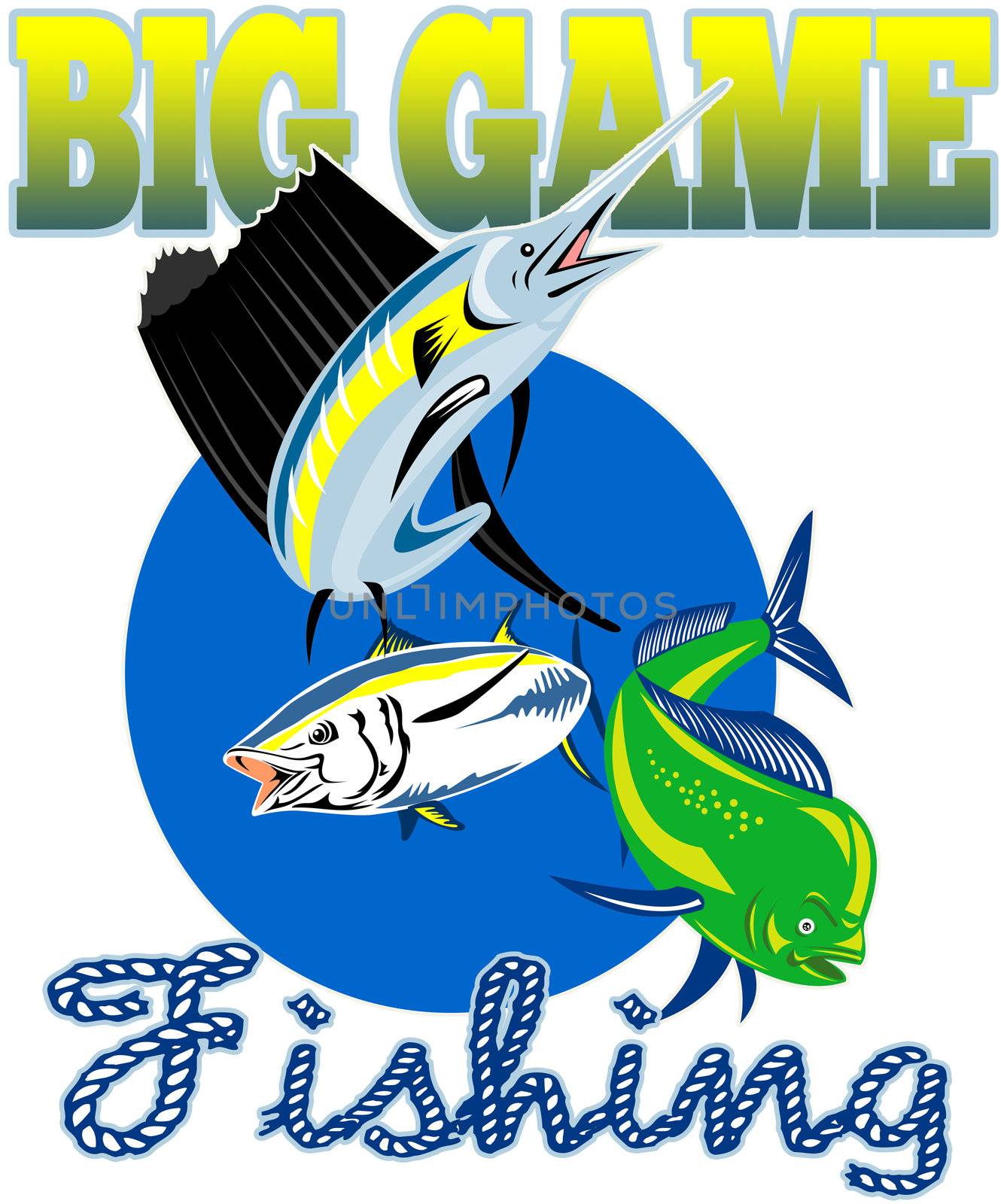 retro style illustration of a Sailfish, dorado dolphin fish or mahi-mahi and yellow fin tuna with words "big game fishing"