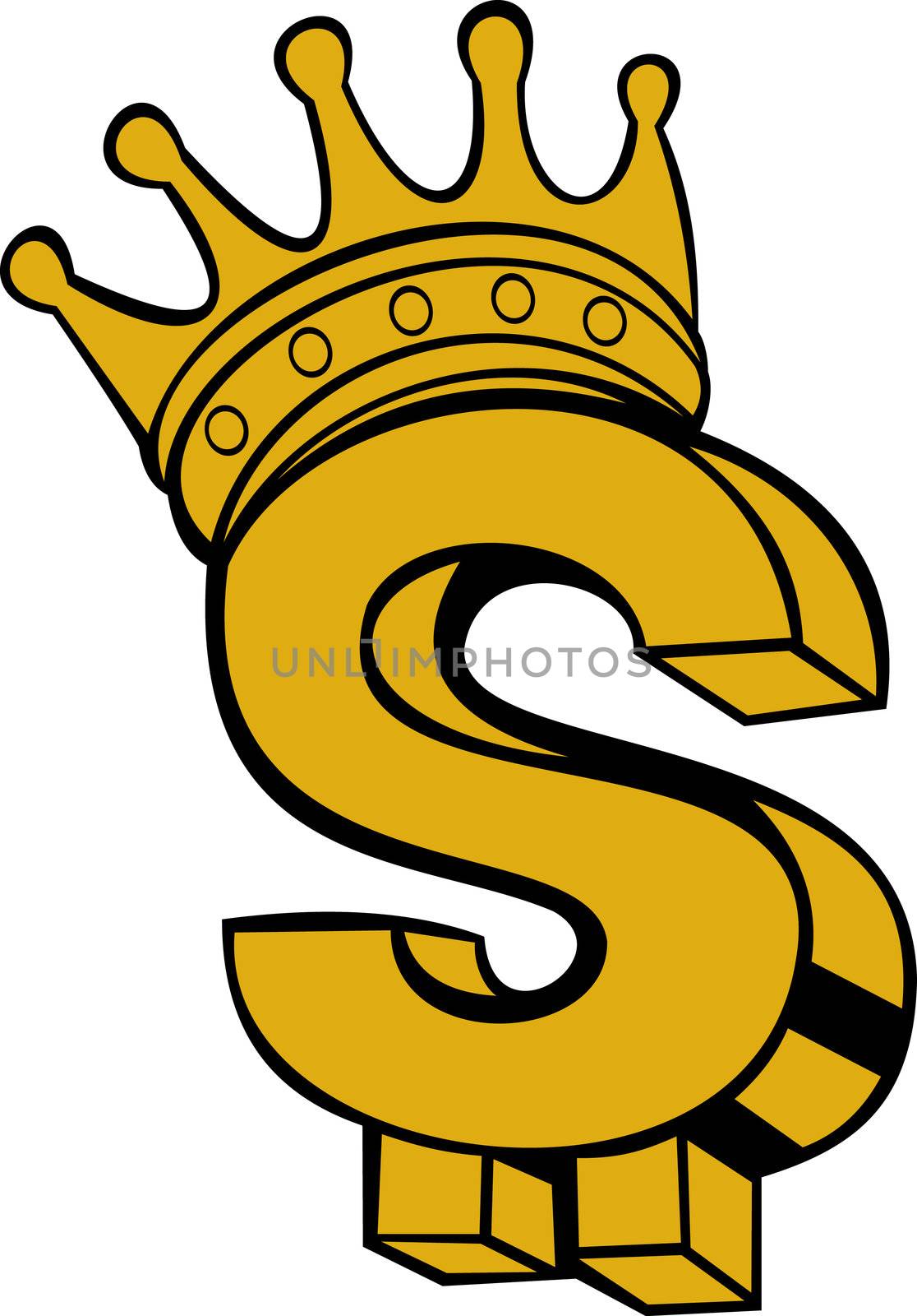 illustration of a gold dollar sign with crown isolated on white