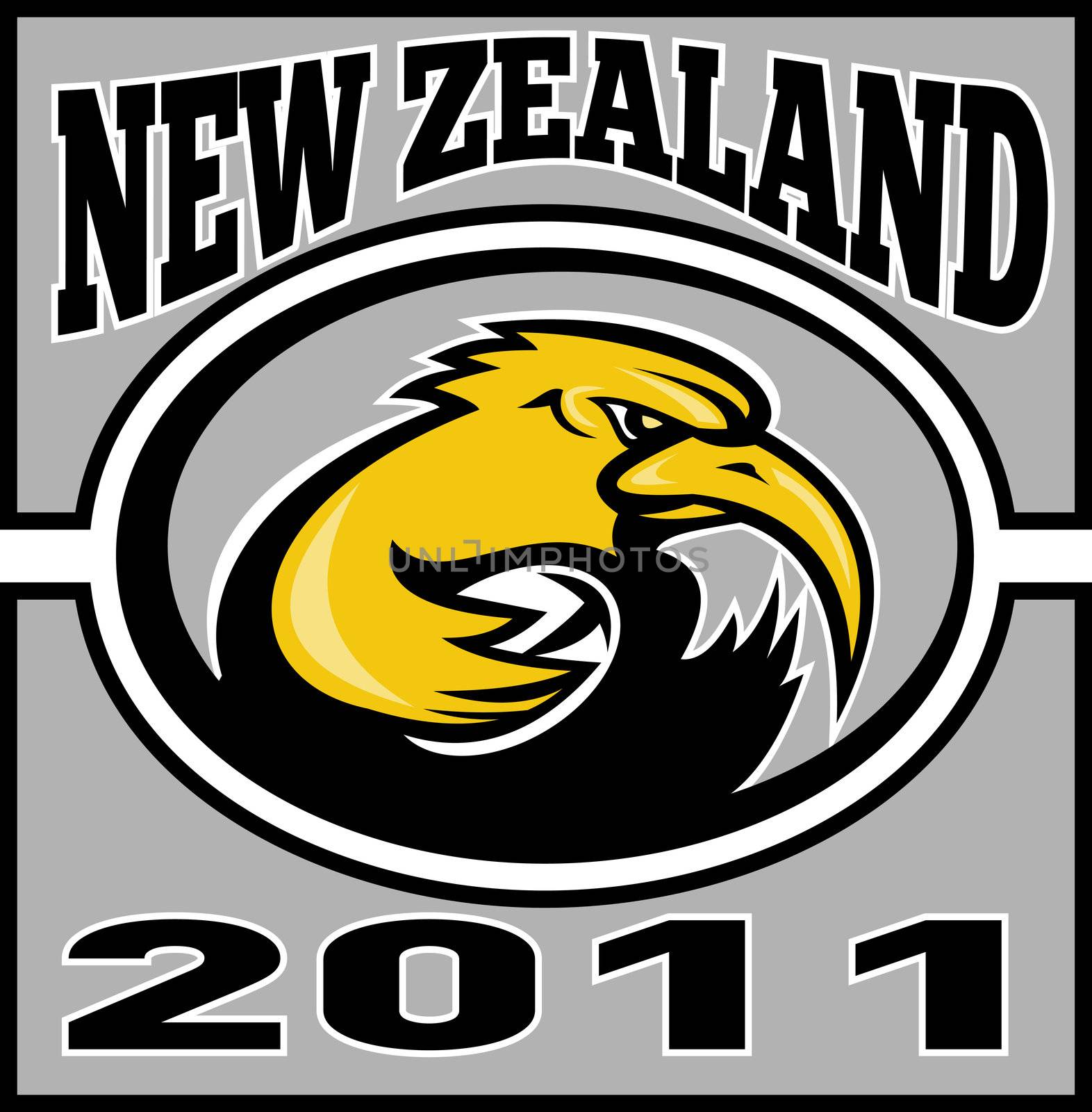  illustration of a kiwi rugby player running with ball with words new zealand 2011