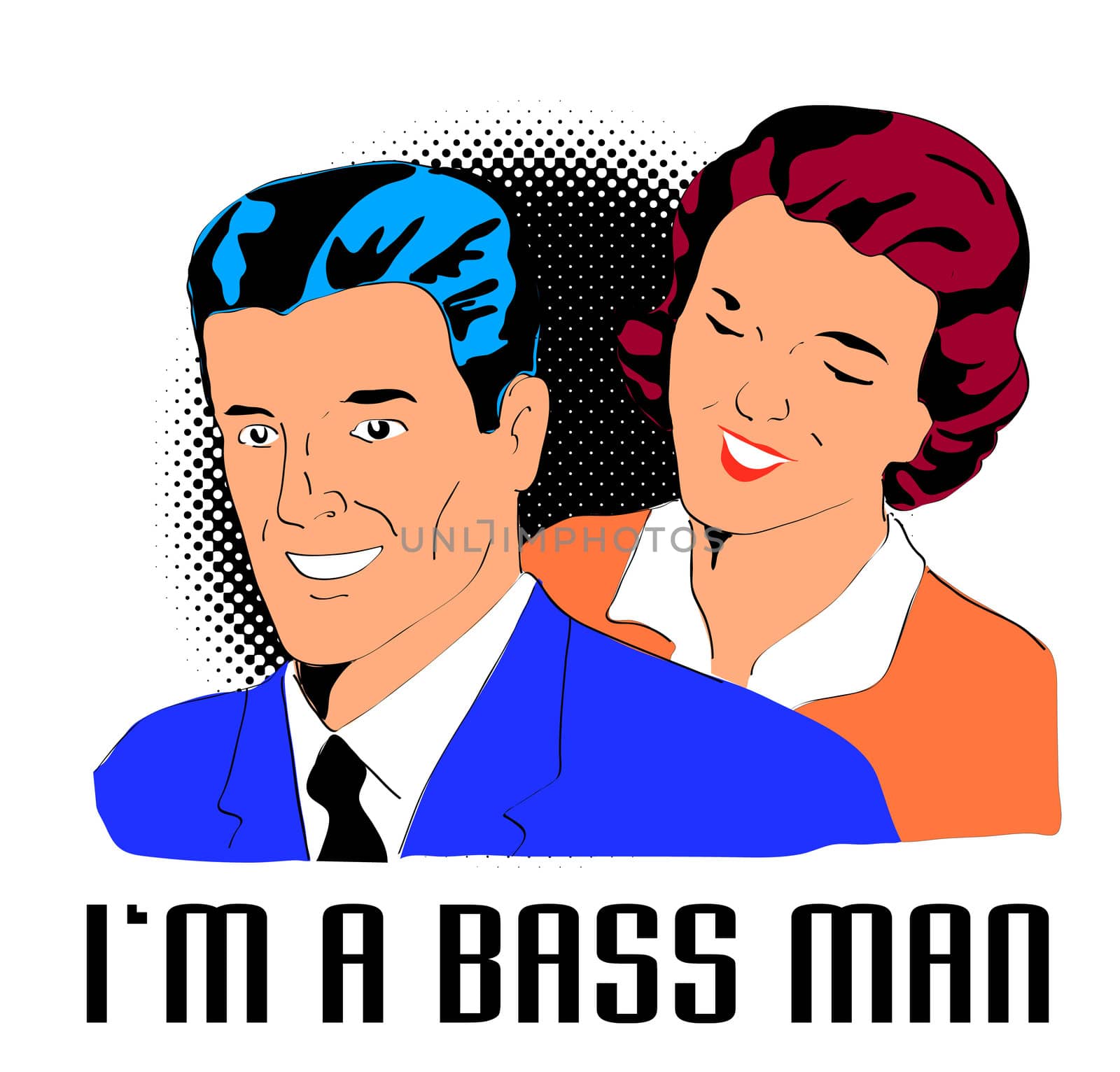 retro style illustration of a man and wife with words "i'm a bass man" with halftone dots background