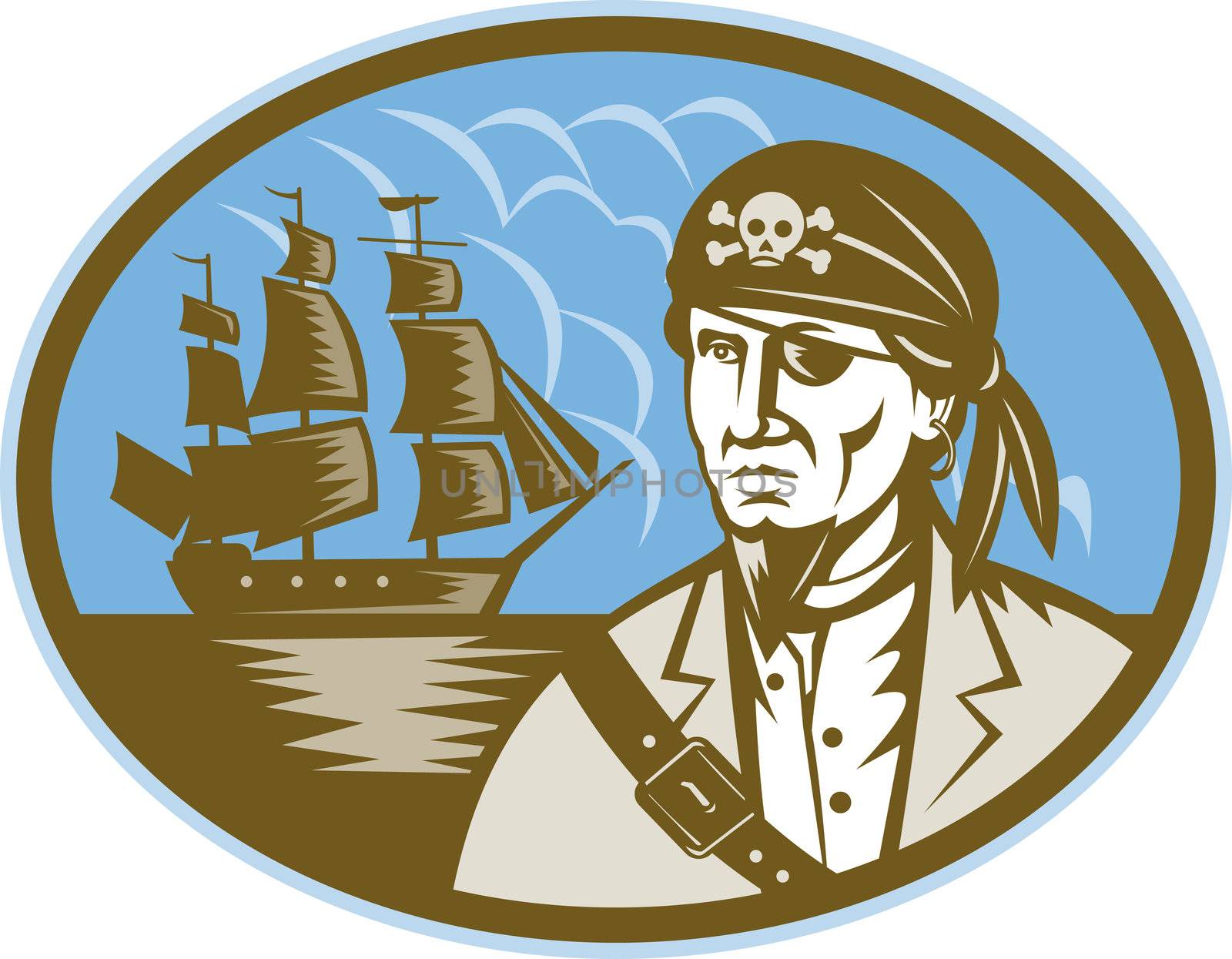 illustration of a Pirate with sailing tall ship in background done in woodcut style