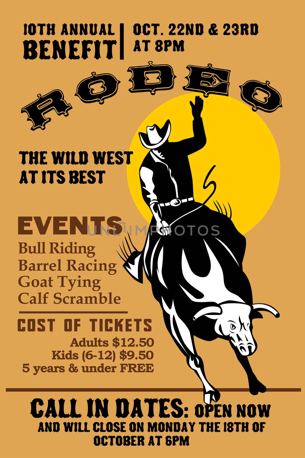 retro style illustration of a Poster showing an American  Rodeo Cowboy riding  a bull bucking jumping with sun in background and words  "Annual Benefit Rodeo "