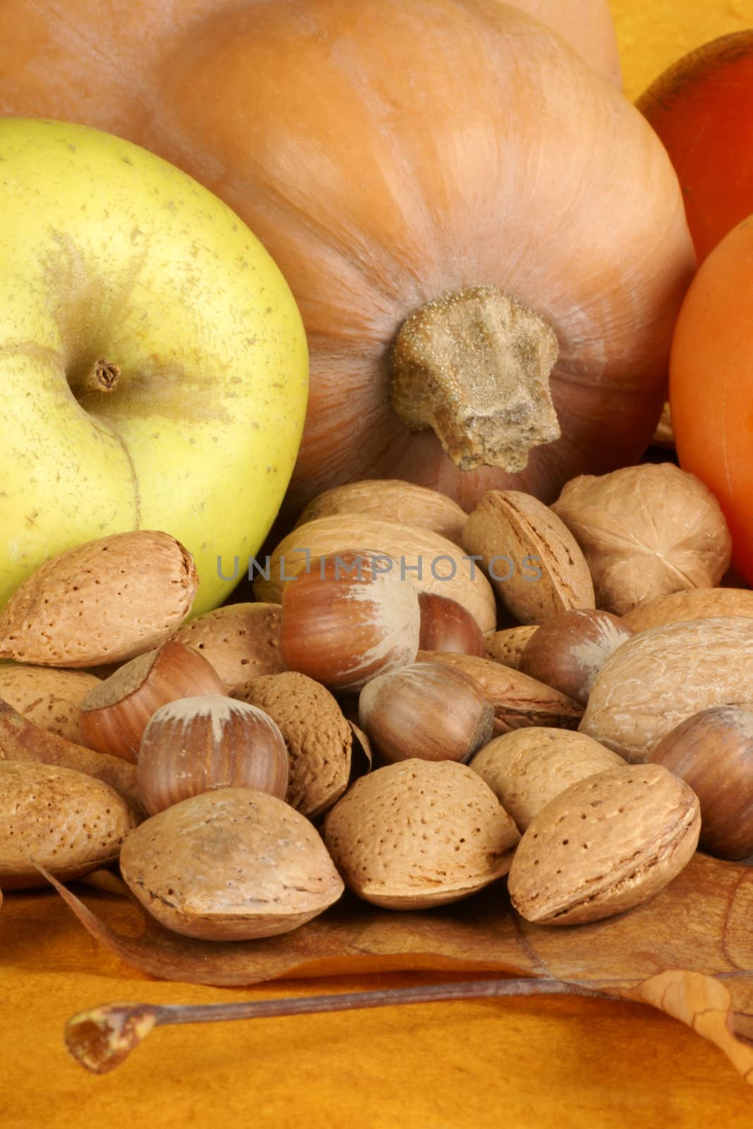 Autumn still life composition with pumpkin, apples and persimmon fruits over sycamore leaves.