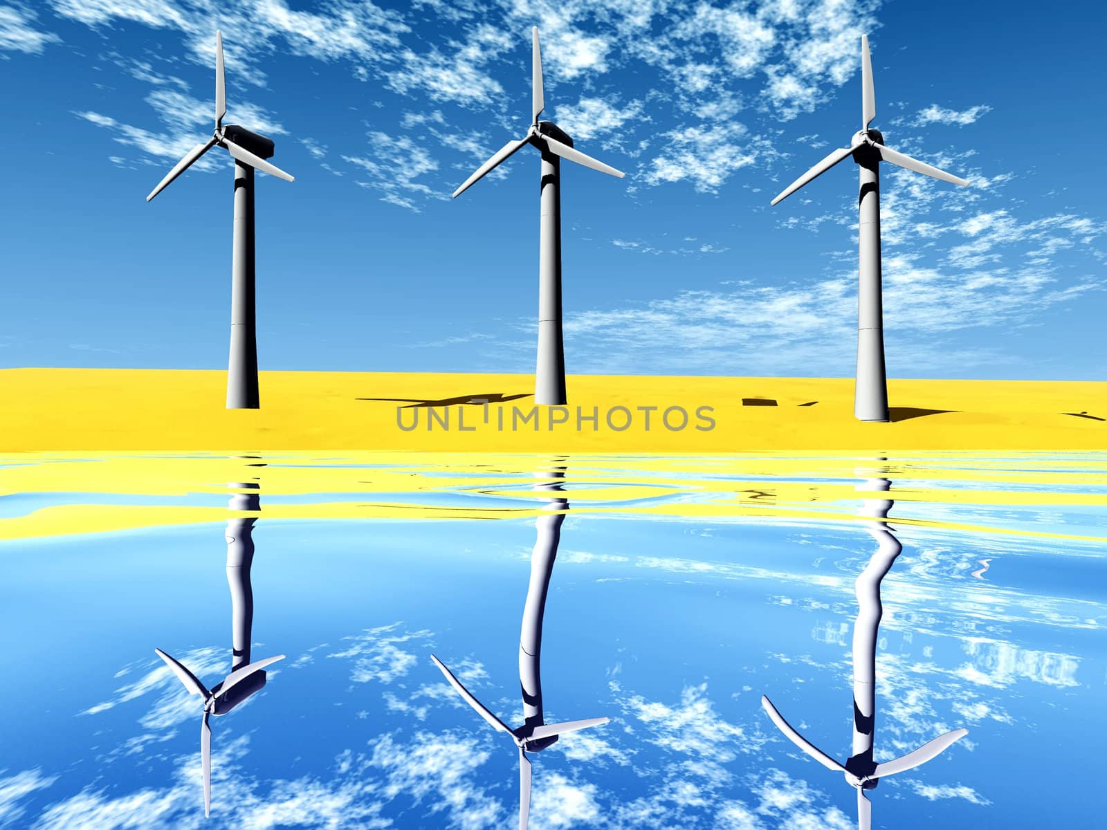 wind turbine on the beach and reflect
