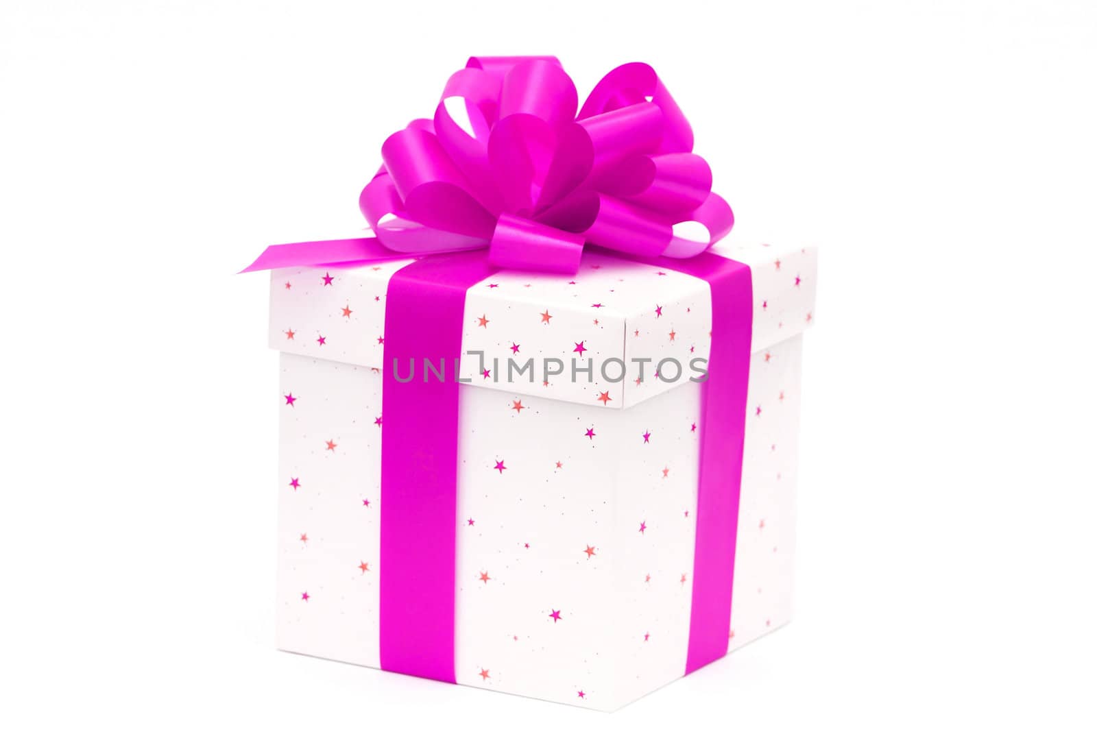 White gift box with purple ribbon isolated on white