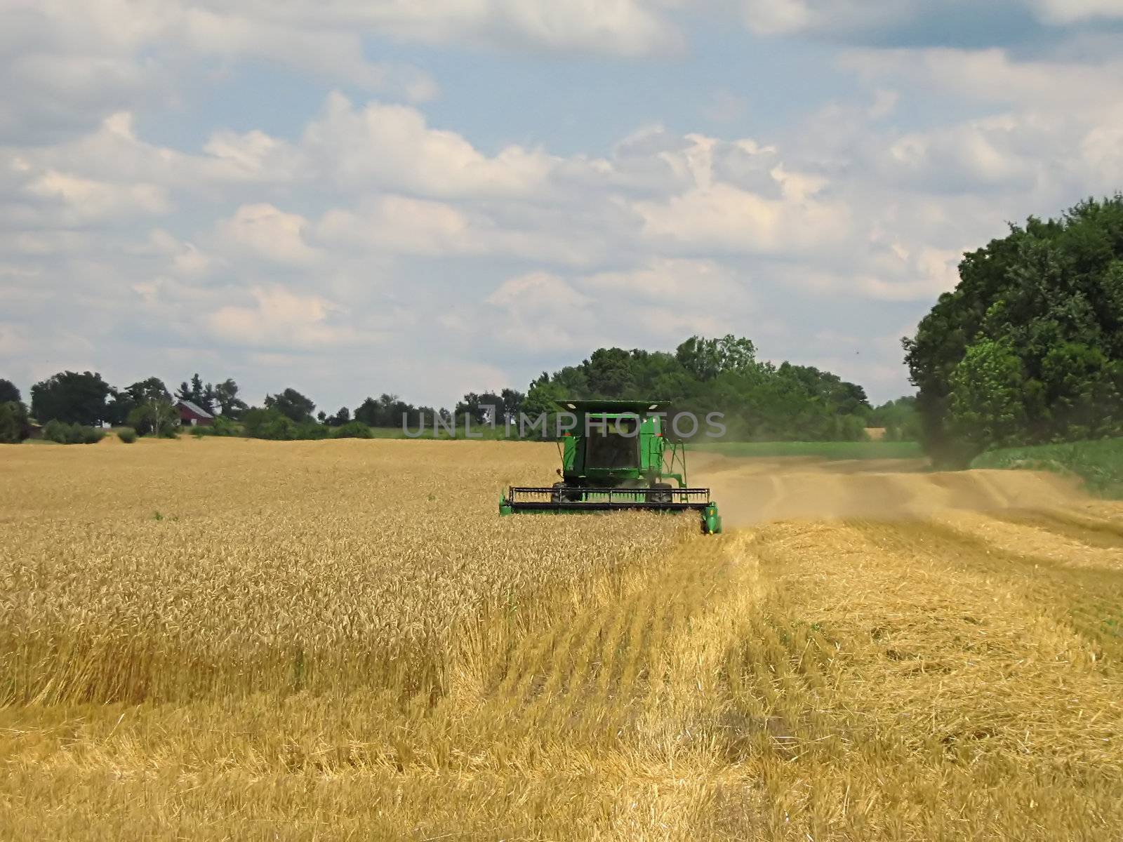 A photograph of a combine harvesting crops.